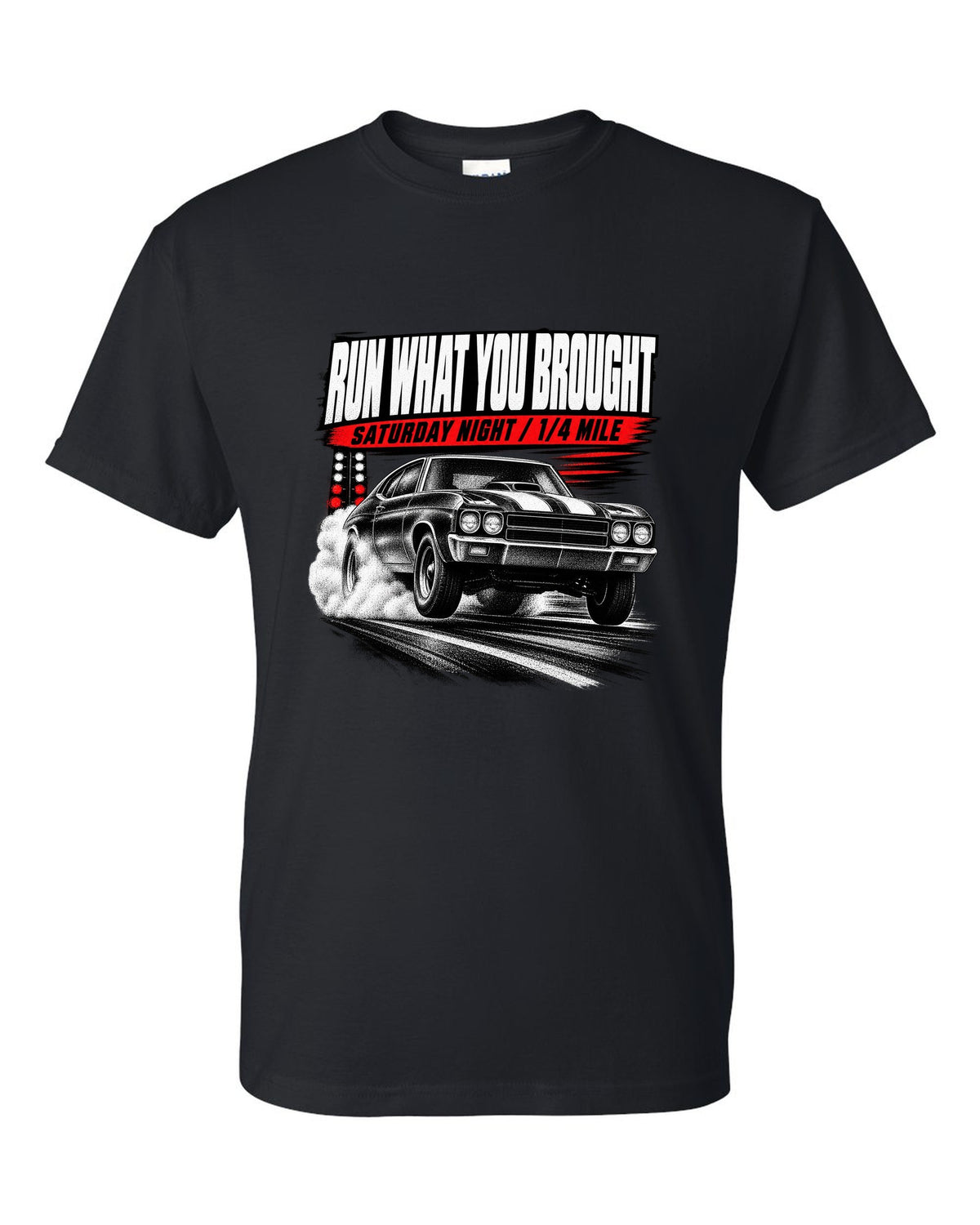 Race-poster print of a 1970 Chevrolet Chevelle SS with run w you brought and quarter mile text black t-shirt front view with the design