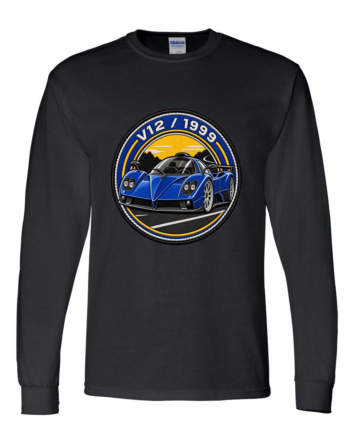 Varsity embroidery-style print for the 1999 Pagani Zonda C12 with V12 and 1999 lettering black long sleeve front view with the design