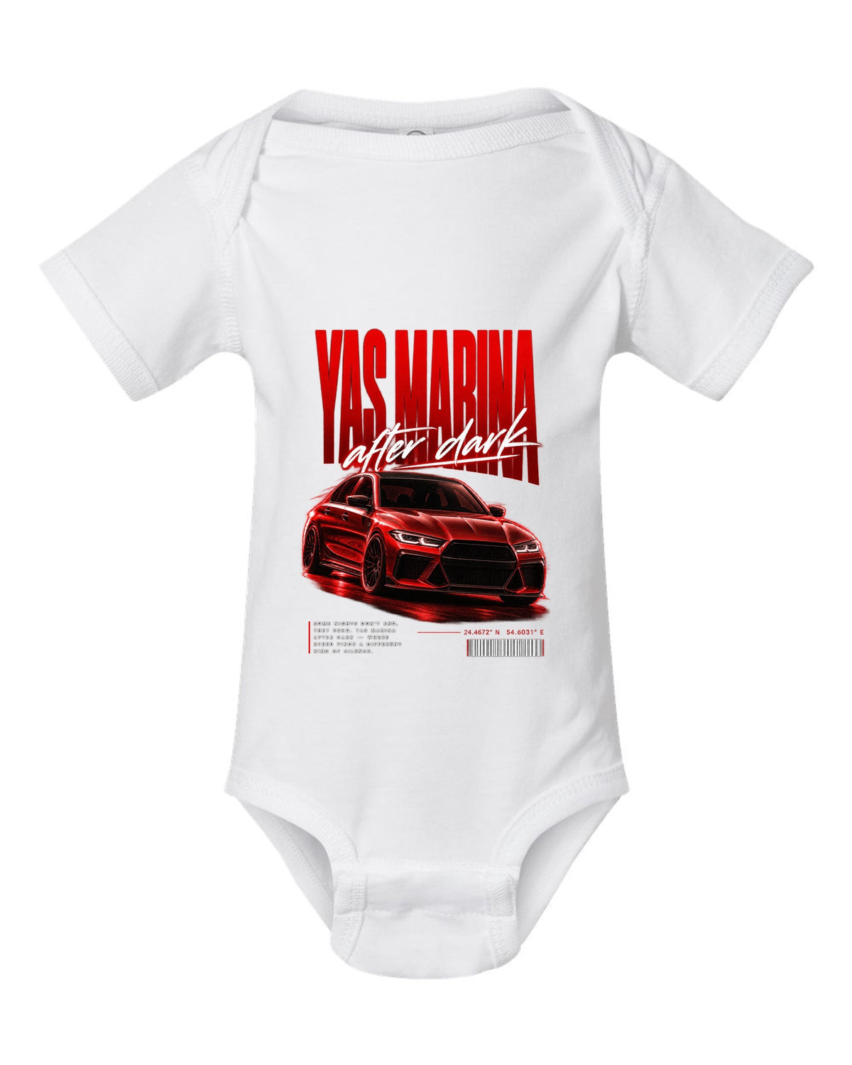 BMW F80 M3 sedan night street poster print with Yas Marina lettering white baby onesie front view with the design