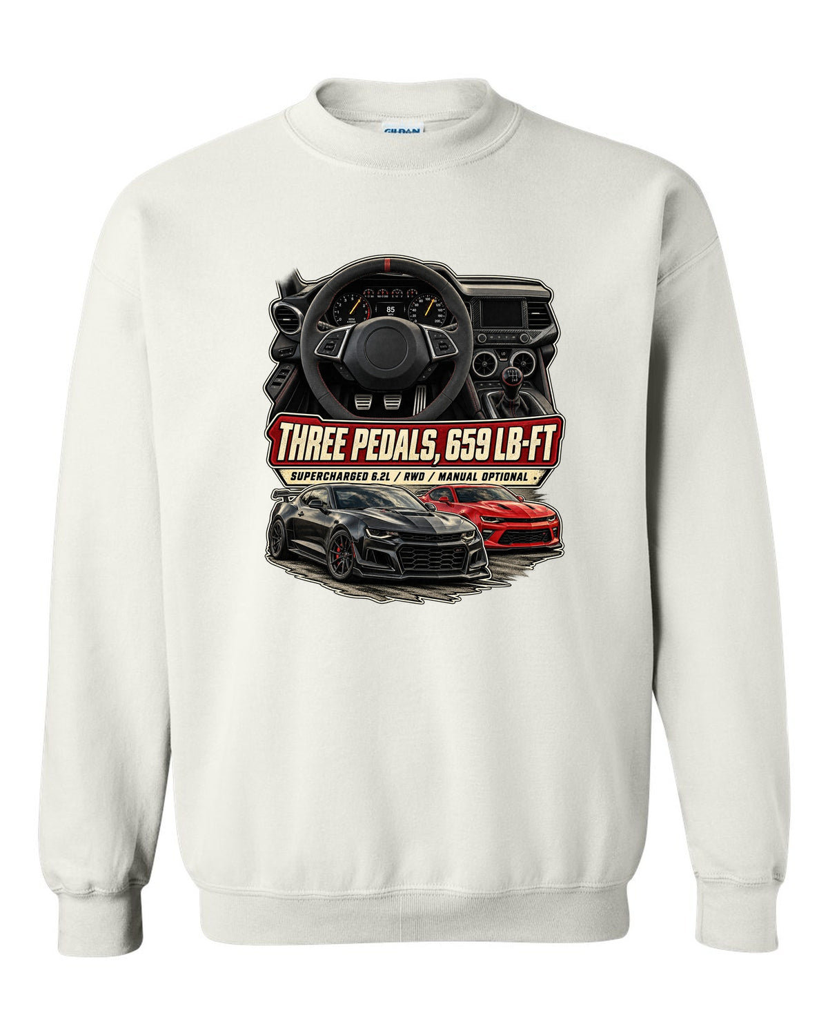 Gauge cockpit print of a 2022-25 Cadillac CT5-V Blackwing interior white crewneck front view with the design