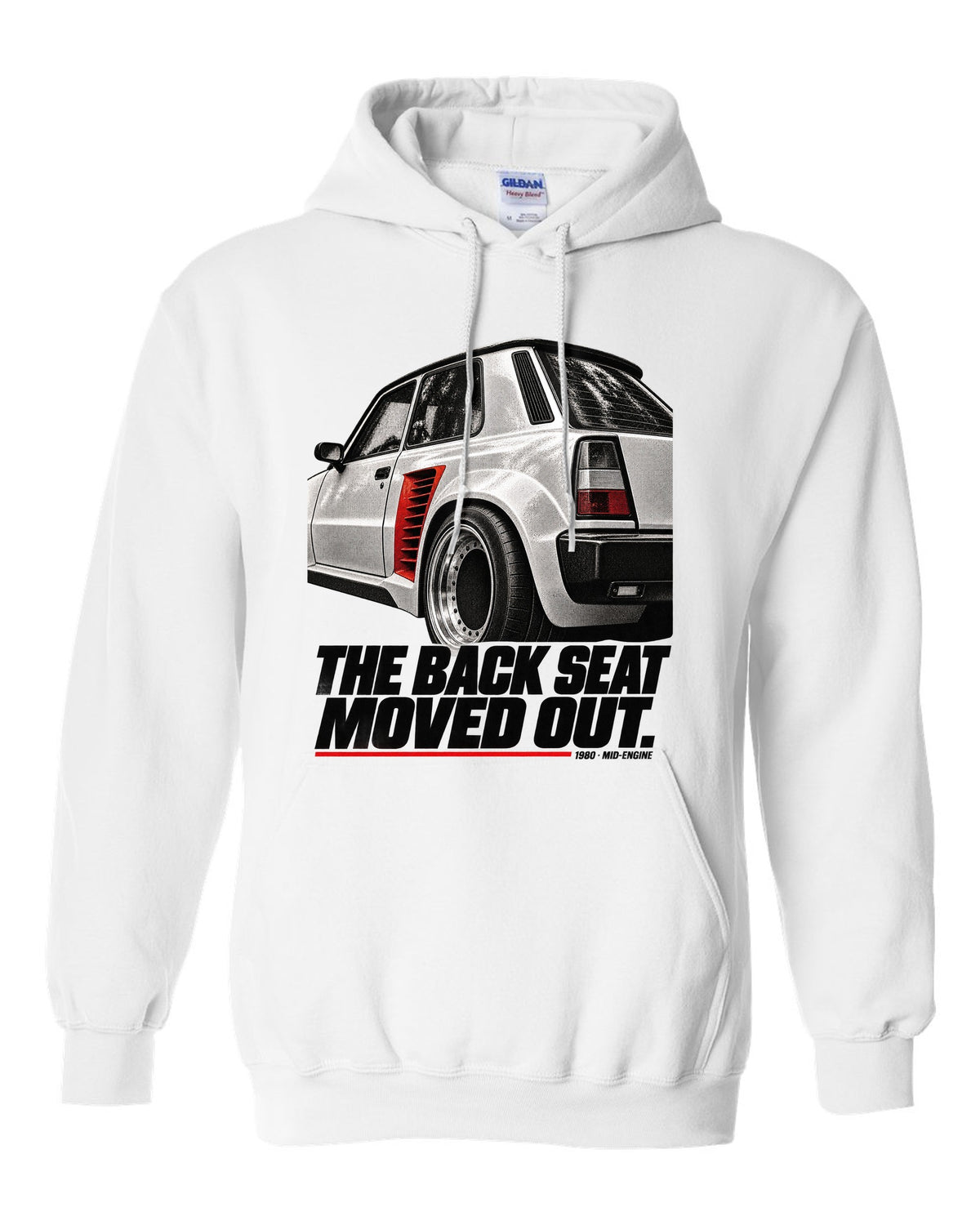 Renault 5 Turbo rear detail macro print with back seat caption white pull over hoodie front view with the design