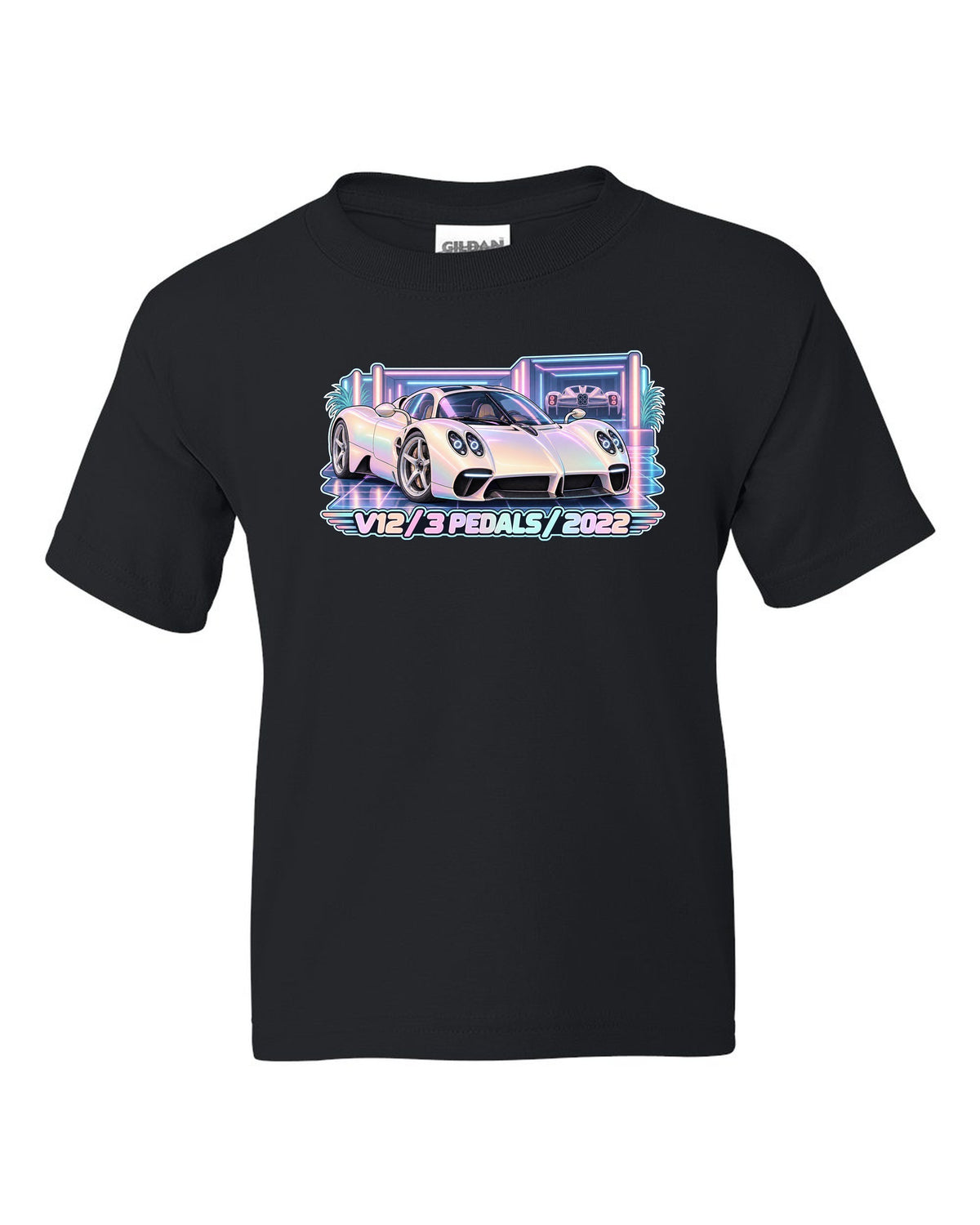 Pastel vaporwave garage illustration of a Pagani Utopia with V12 3 PEDALS 2022 lettering black kids tee front view with the design