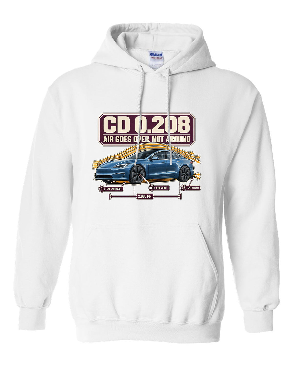 Aero callout print of a Tesla Model S Plaid with drag coefficient 0.208 white pull over hoodie front view with the design