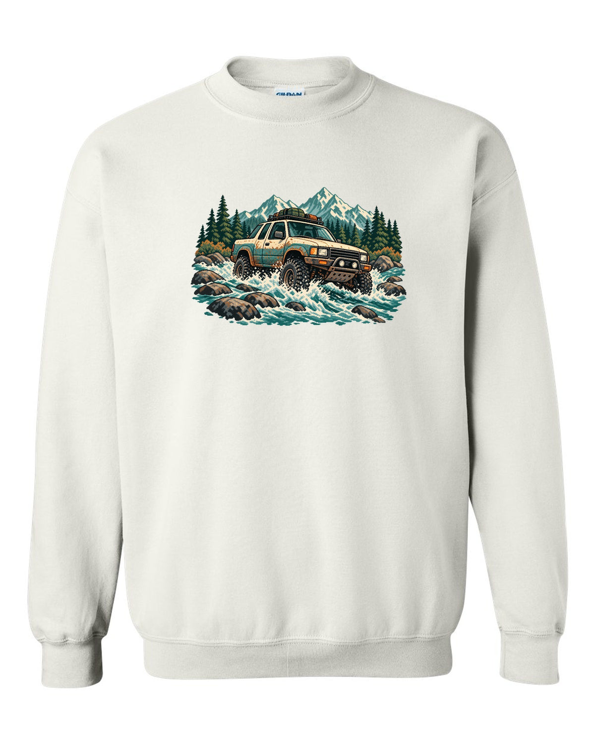 16-bit pixel art of a 2021 Ford F-150 Raptor Gen 3 P702 crossing a river with 5-LINK REAR lettering white crewneck front view with the design