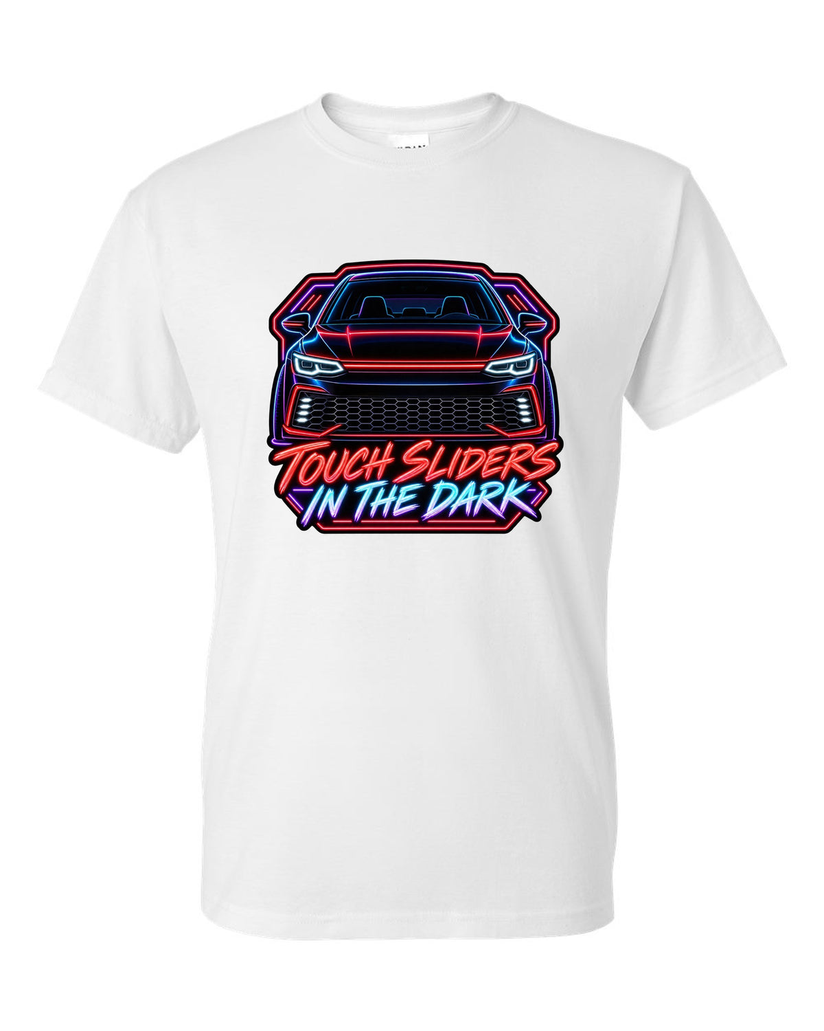 Neon sign line art of a VW Golf Mk8 GTI with touch sliders in the dark text white t-shirt front view with the design