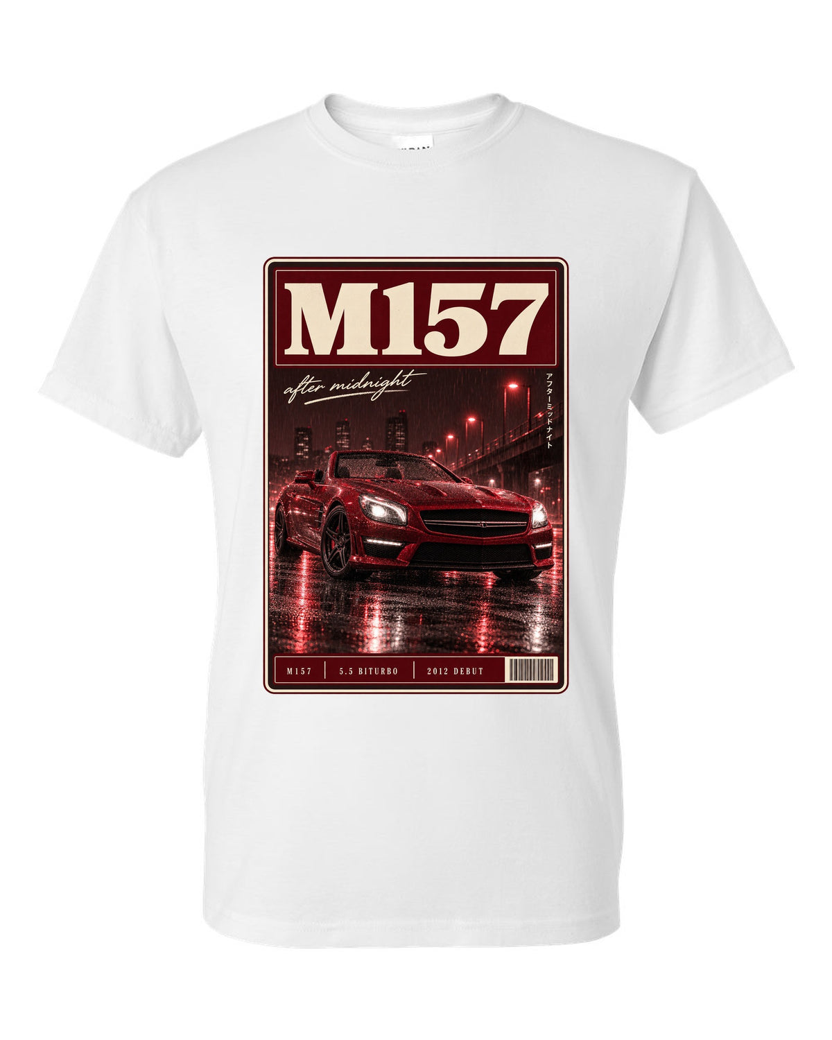 Mercedes-Benz SL63 R231 low front three-quarter night street scene in red monochrome white t-shirt front view with the design