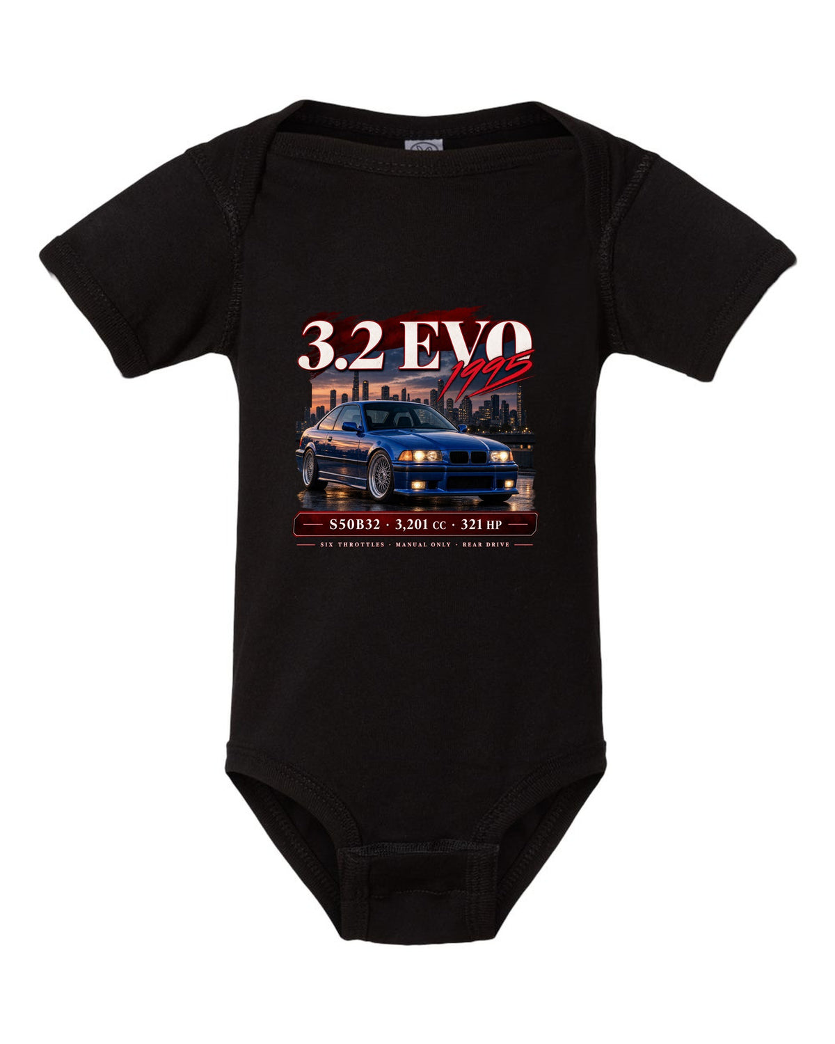 BMW E36 M3 3.2 Evo coupe archive panel print with S50B32 and 321 HP text black baby onesie front view with the design