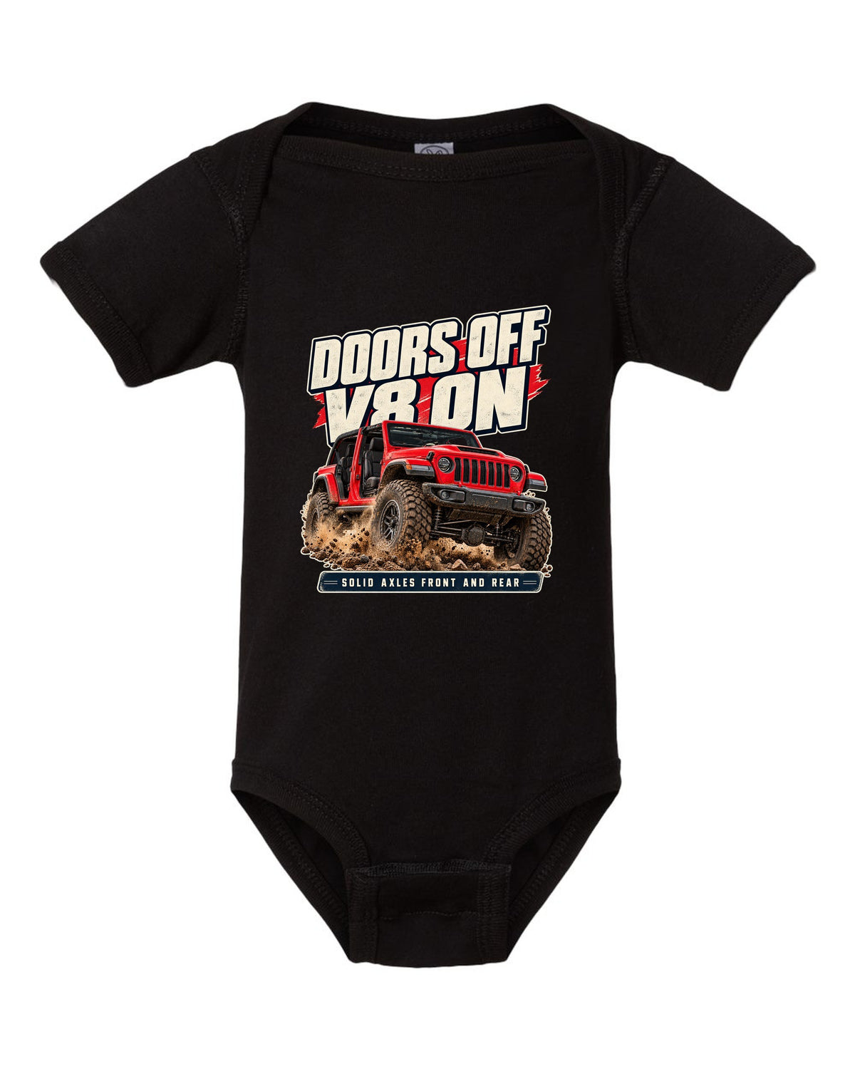 Editorial headline print for the Jeep Rubicon 392 about doors off and a V8 black baby onesie front view with the design