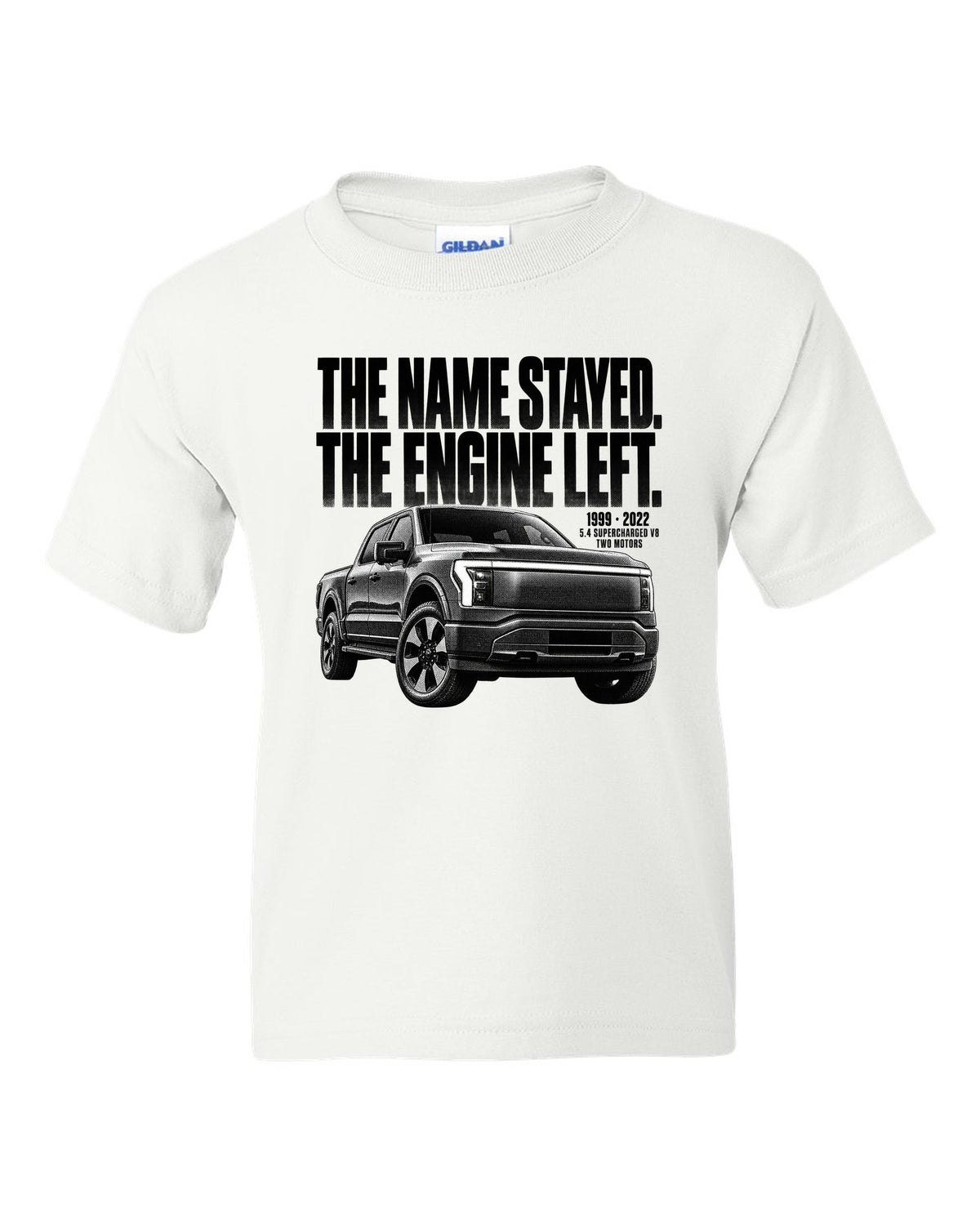 Halftone Ford F-150 Lightning 2022 front three-quarter with 1999 versus 2022 text white kids tee front view with the design
