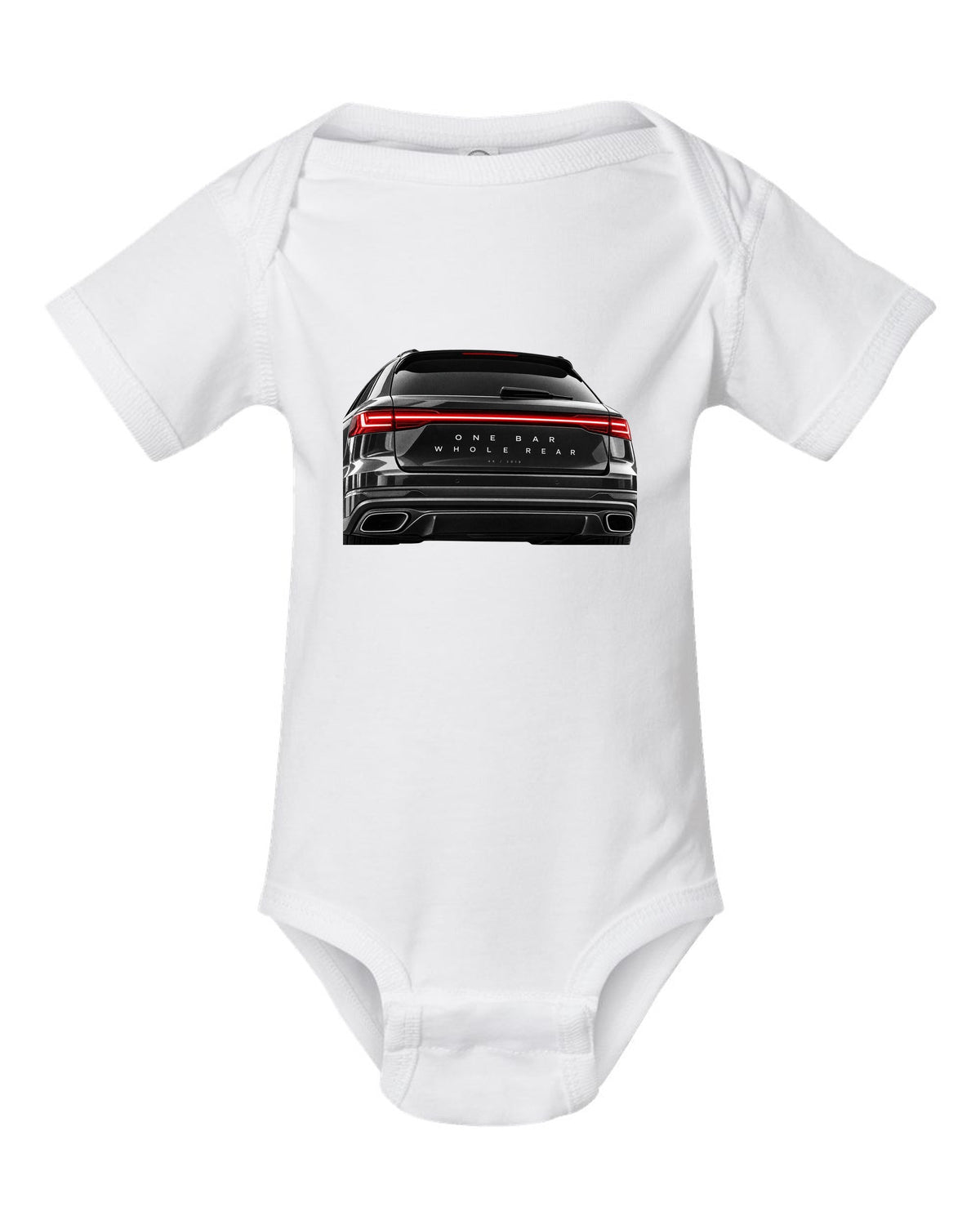 Taillight macro print of the Audi RS6 Avant C8 rear light bar white baby onesie front view with the design