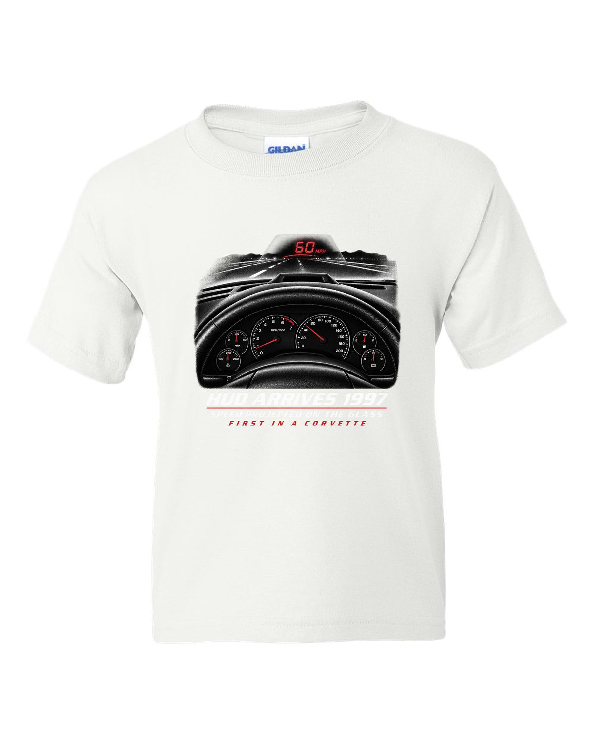 Corvette C5 heads-up display and gauge cluster print white kids tee front view with the design