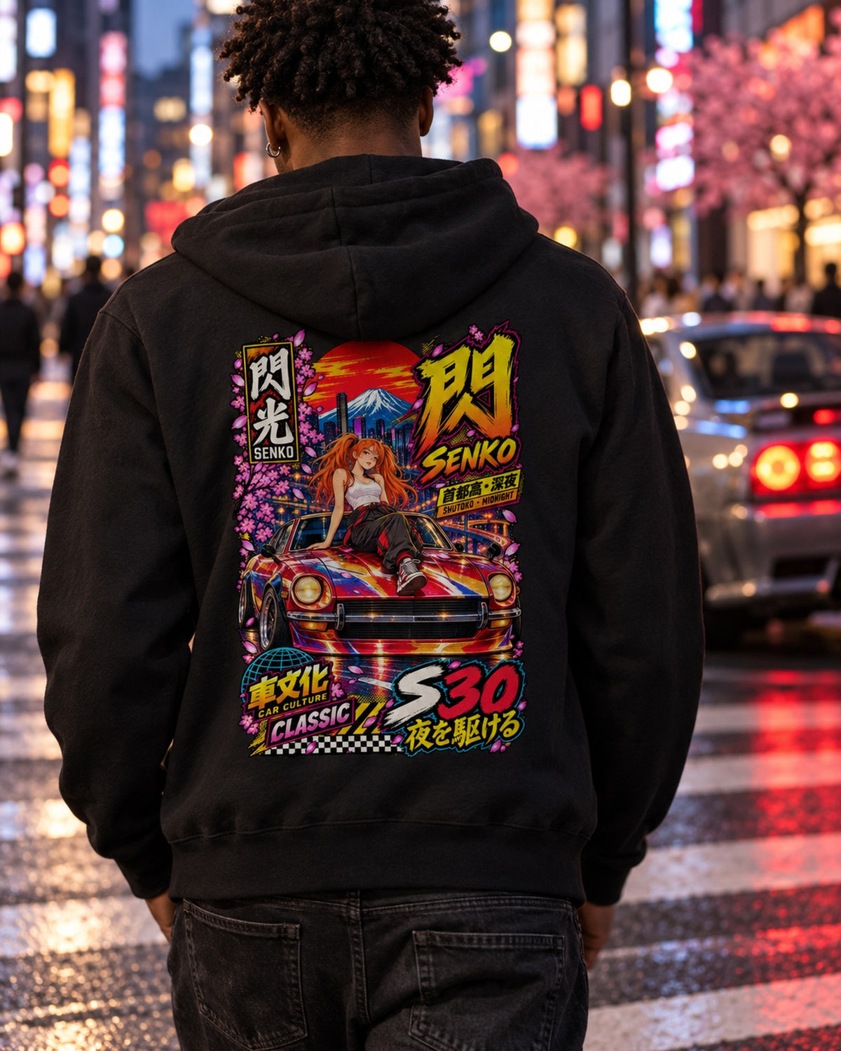 SENKO S30 Anime Girl Full-Back Graphic Tee Zip Hoodie Black worn hero