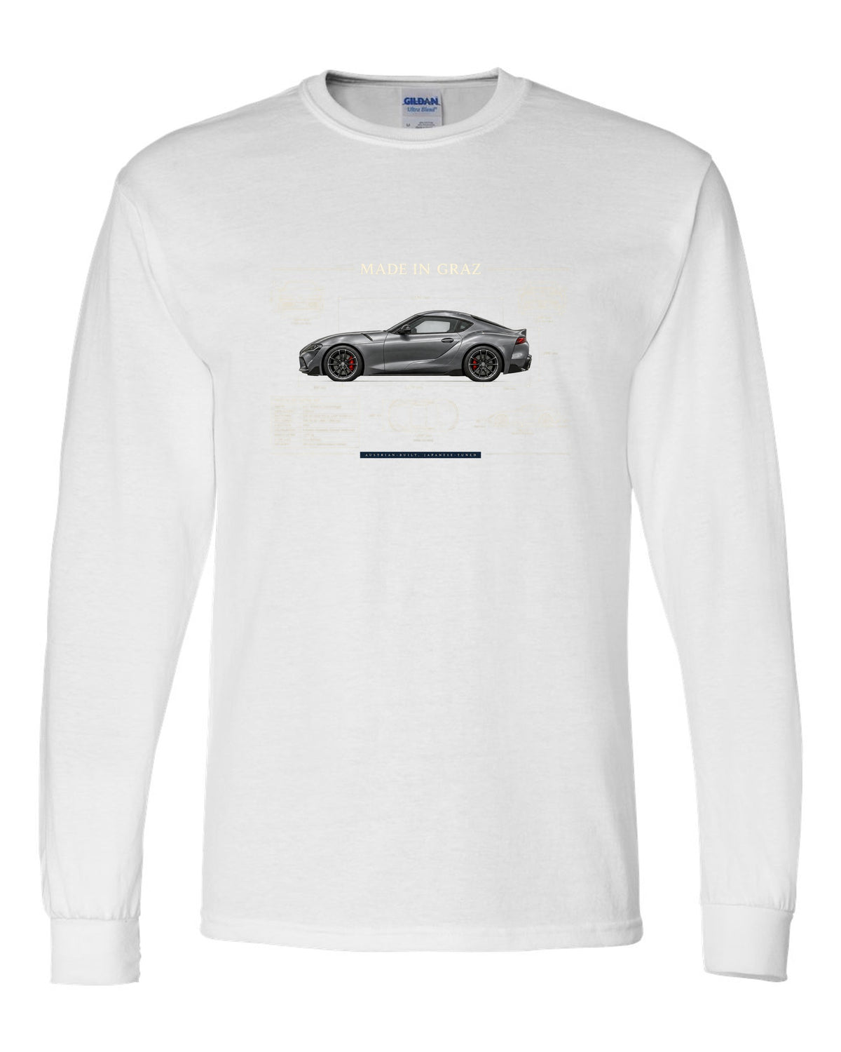 Steel blue Toyota GR Supra 3.0 with aero airflow callouts and 50:50 weight text white long sleeve front view with the design