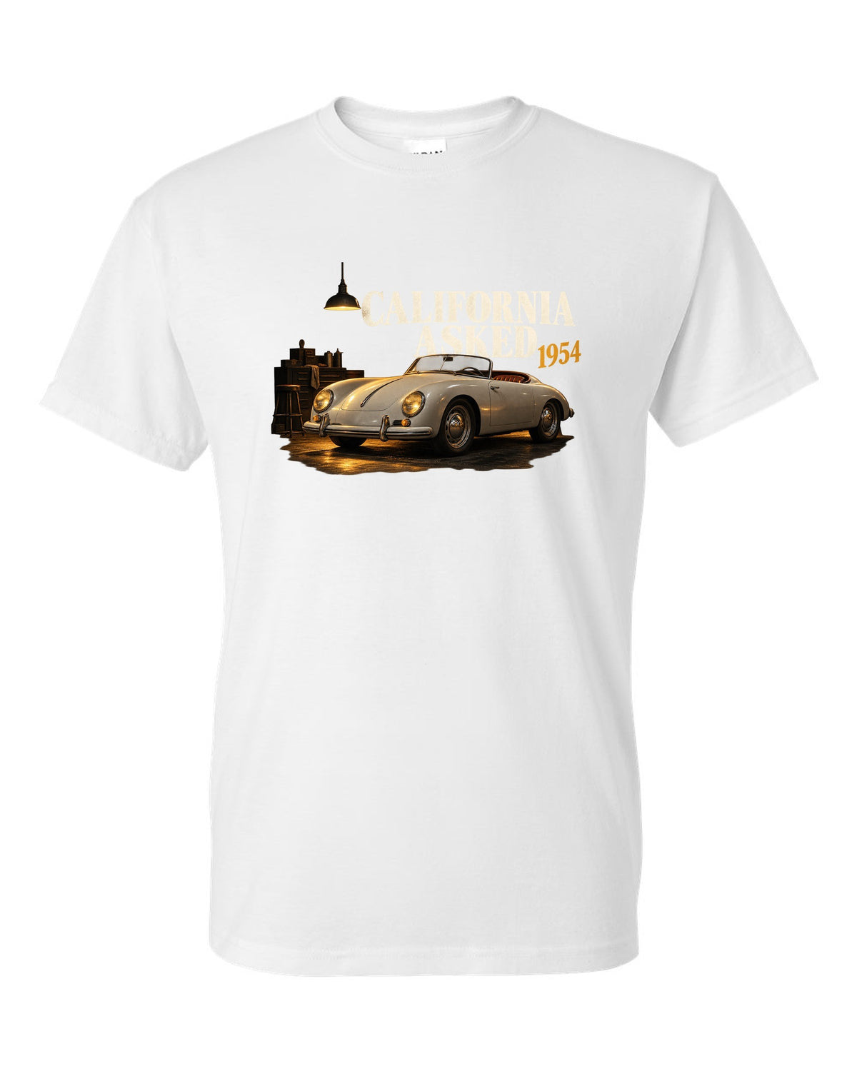 Garage night print of a 1954 Porsche 356 A Speedster with the caption California Asked white t-shirt front view with the design