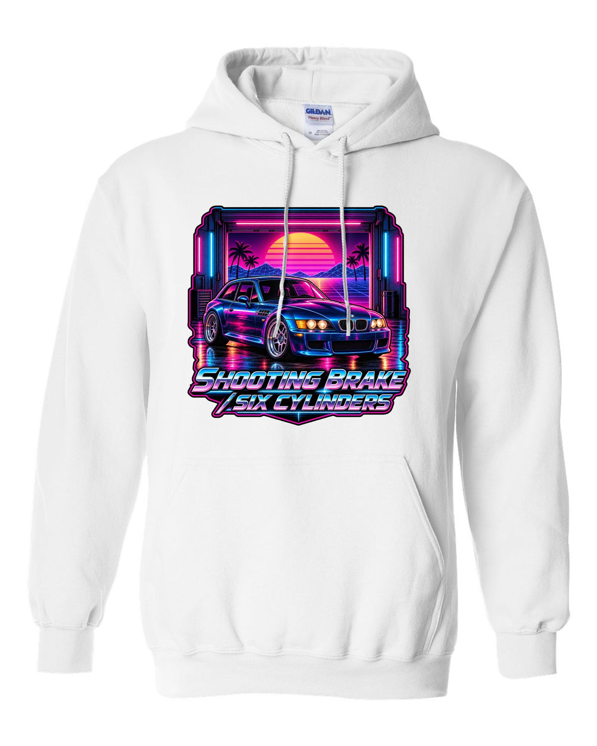 BMW Z3 M Coupe synthwave outrun print with shooting brake text white pull over hoodie front view with the design