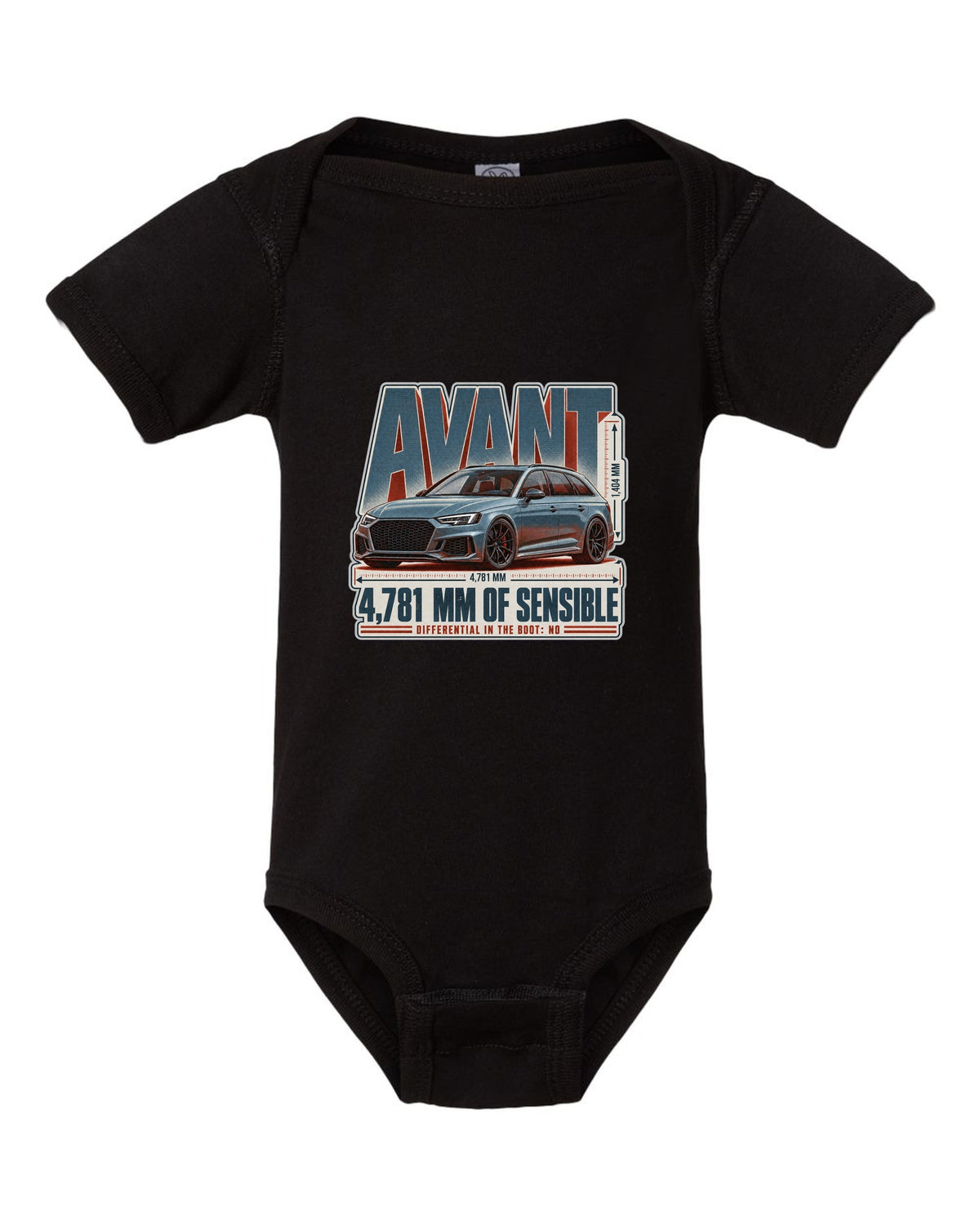 Audi RS4 Avant B9 halftone statement print with wagon text black baby onesie front view with the design