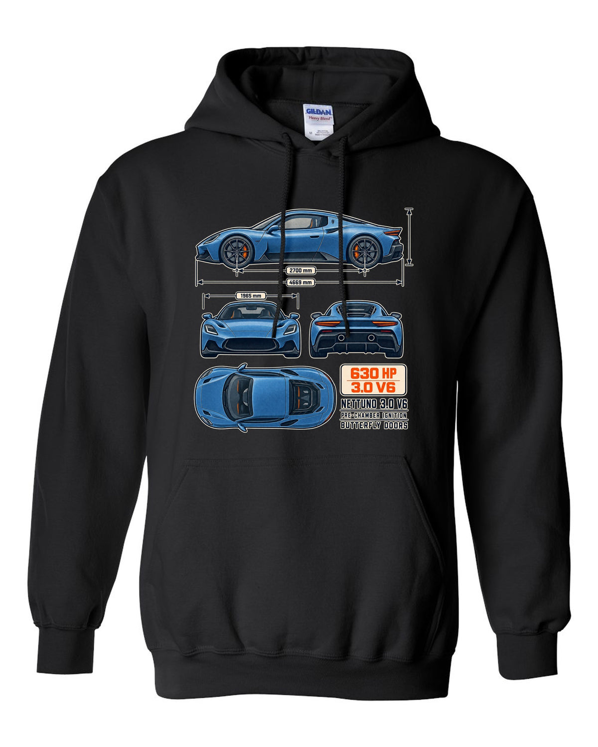 Maserati MC20 dimension blueprint print on a shirt black pull over hoodie front view with the design
