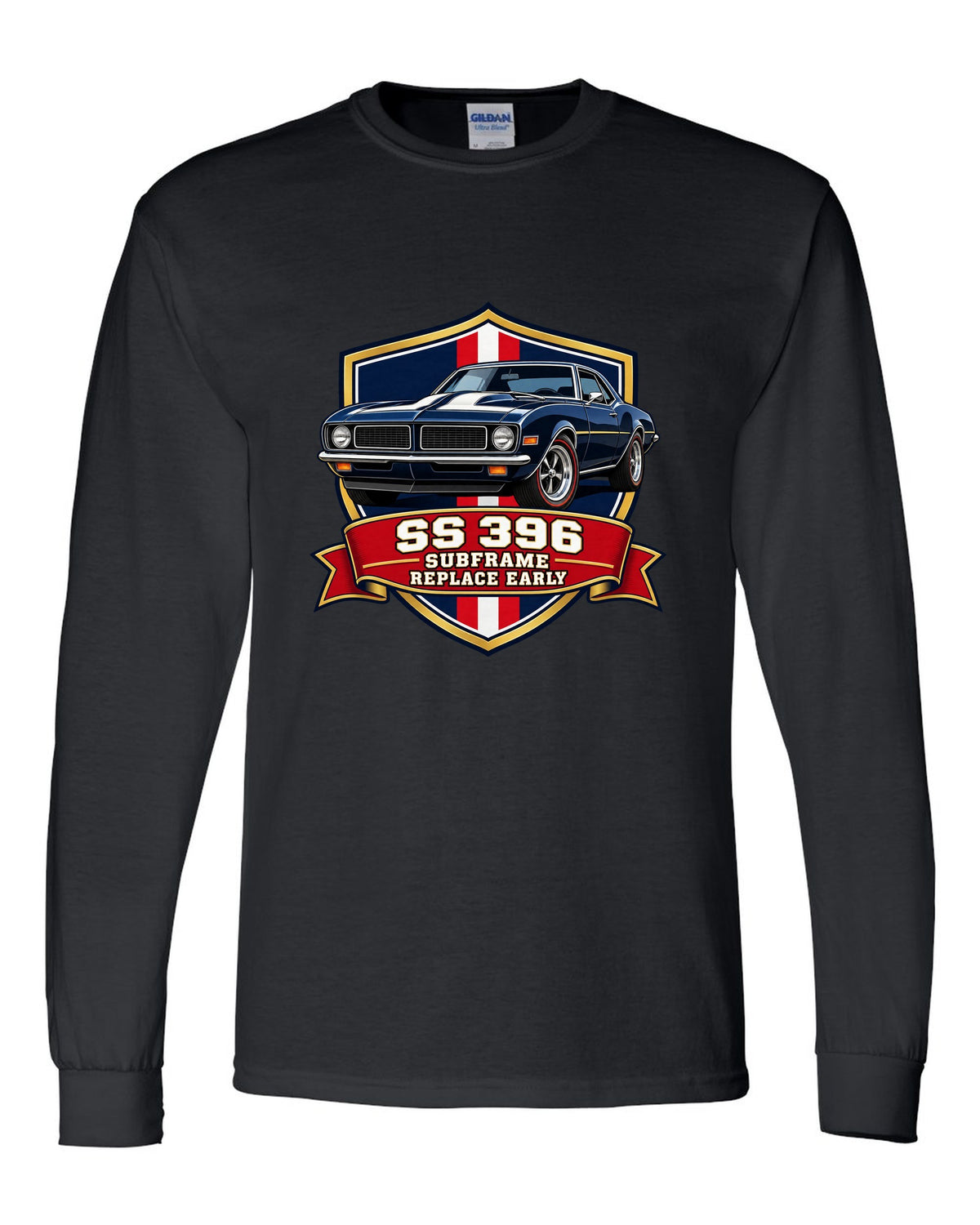 1968 Camaro SS 396 in a varsity shield design with text SS 396 Subframe Replace Early black long sleeve front view with the design