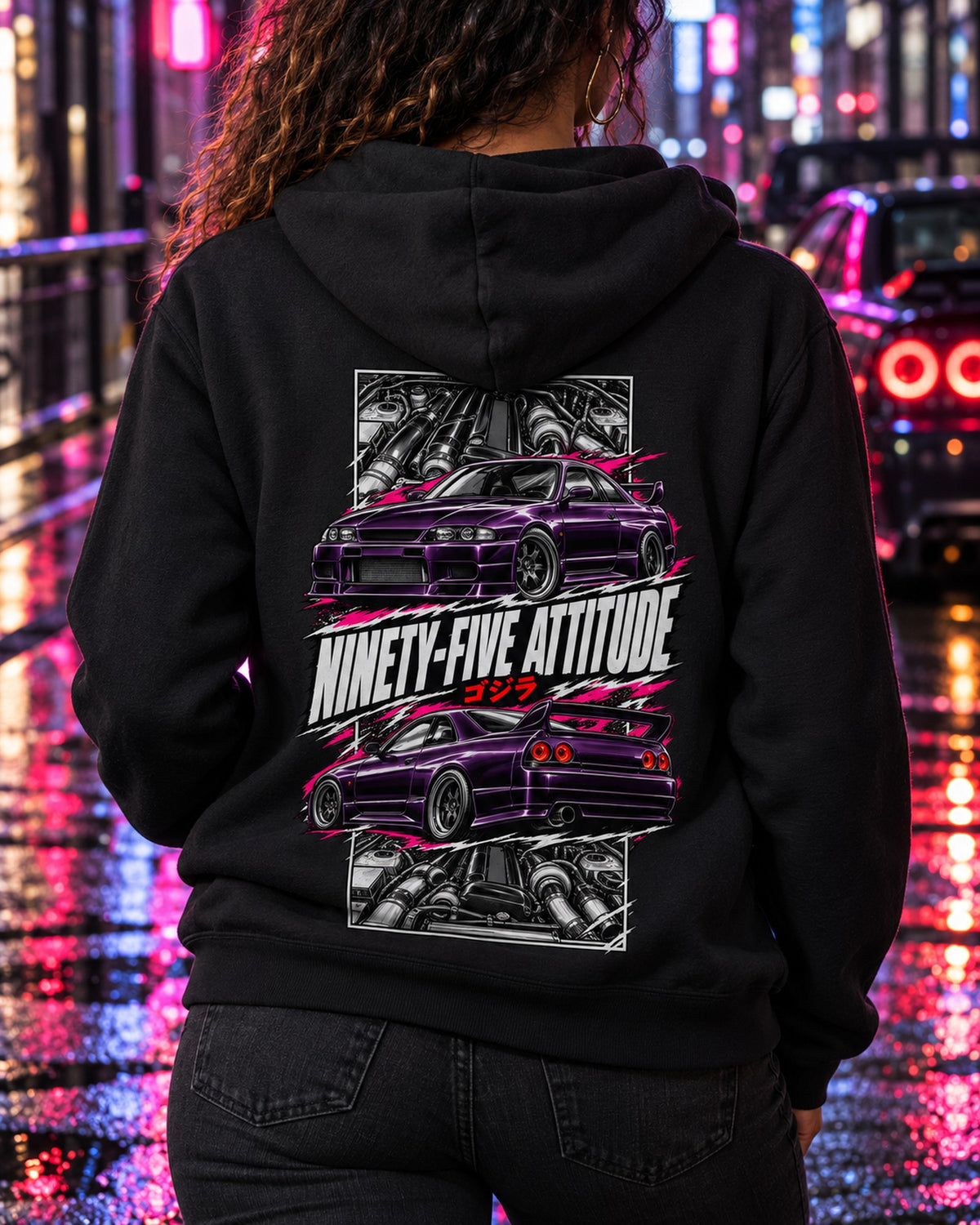 Nissan Skyline GT-R R33 Torn Poster Full-Back Graphic Tee Zip Hoodie Black worn hero