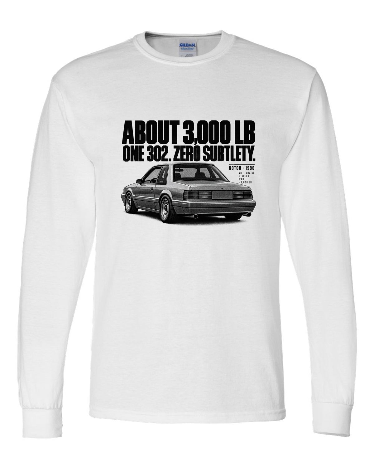 Halftone print of a 1990 Ford Mustang Fox Body LX notchback with spec lines white long sleeve front view with the design