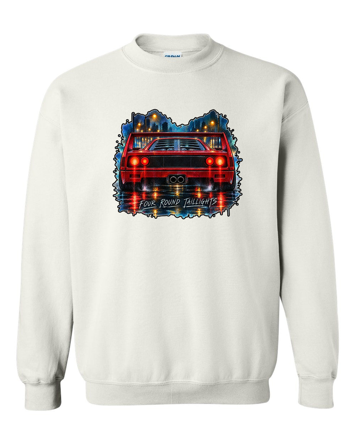 Watercolour wet-road night print of the rear of a 1987 Ferrari F40 F120 with four round taillights text white crewneck front view with the design