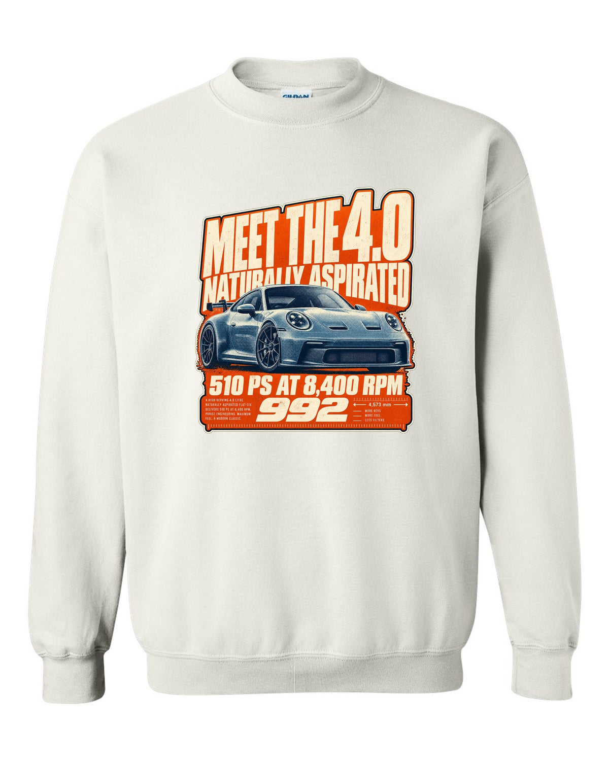Porsche 992 GT3 halftone statement print design white crewneck front view with the design