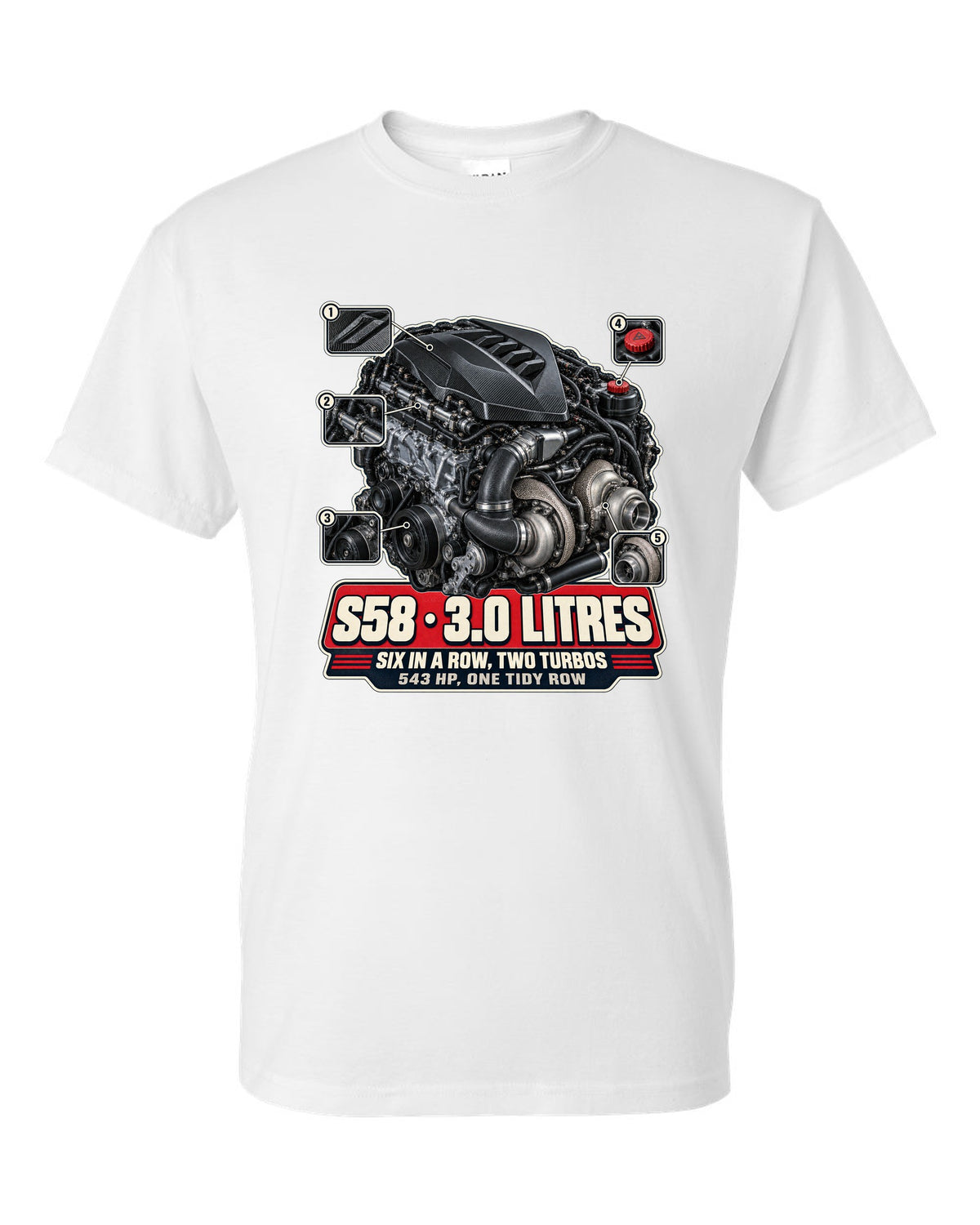 BMW M4 CSL G82 S58 engine bay hero print white t-shirt front view with the design