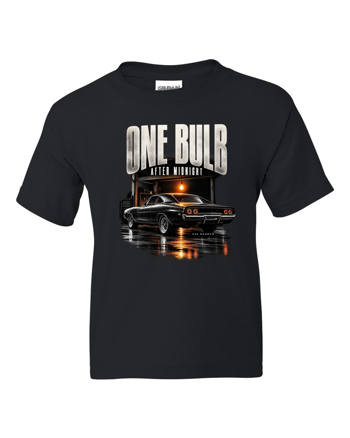 1969 Dodge Charger R/T B-body garage night print with one bulb after midnight lettering black kids tee front view with the design