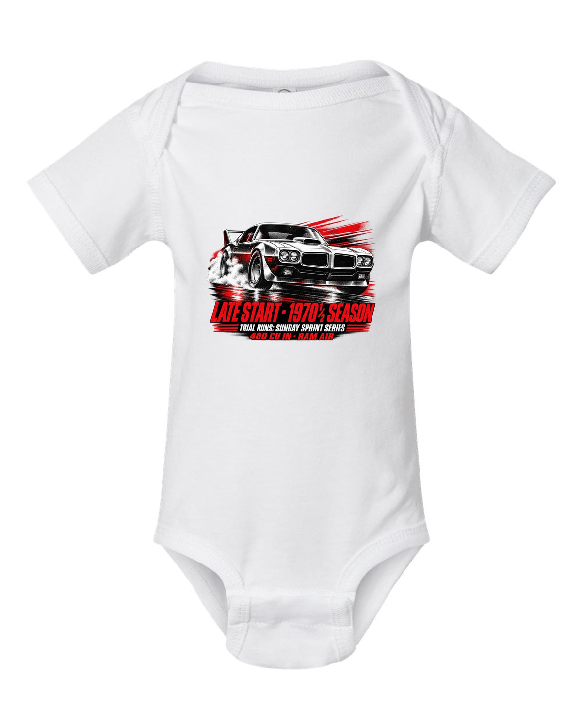 1970 1/2 Pontiac Firebird Trans Am race poster print with Ram Air text white baby onesie front view with the design