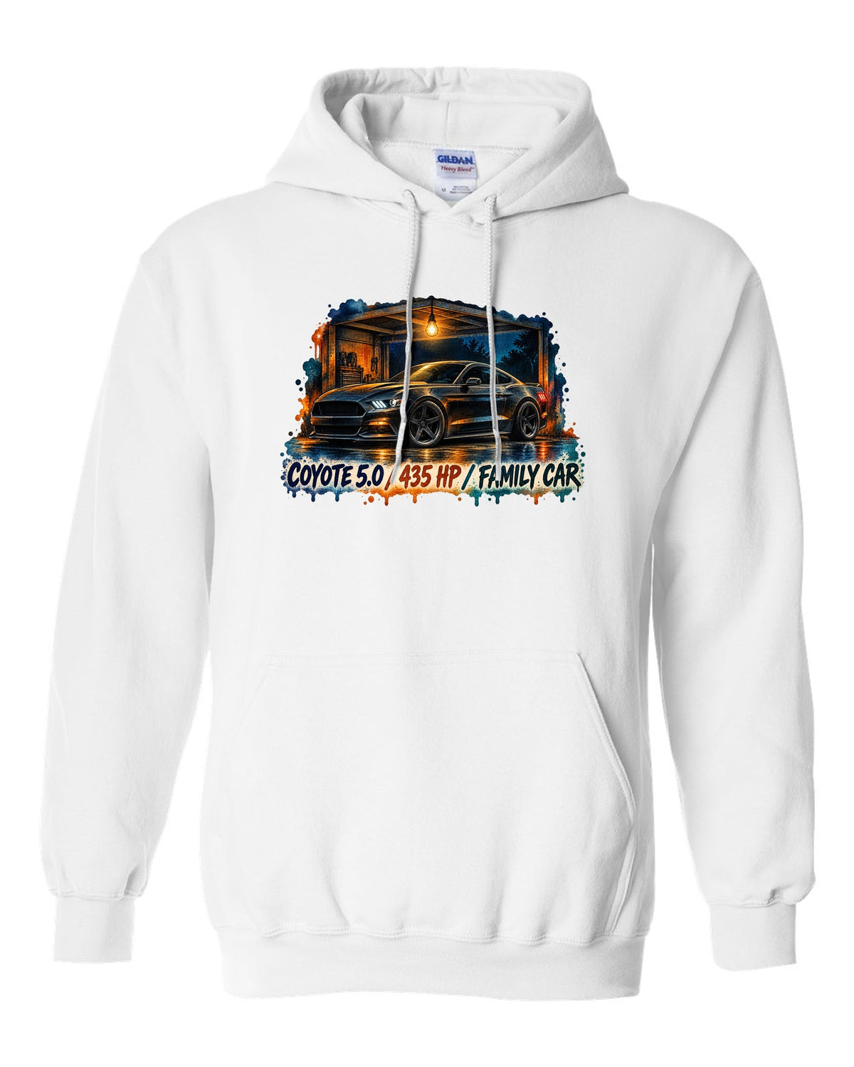 Watercolour night print of a Ford Mustang S550 GT with Coyote 5.0 435 HP family car text white pull over hoodie front view with the design