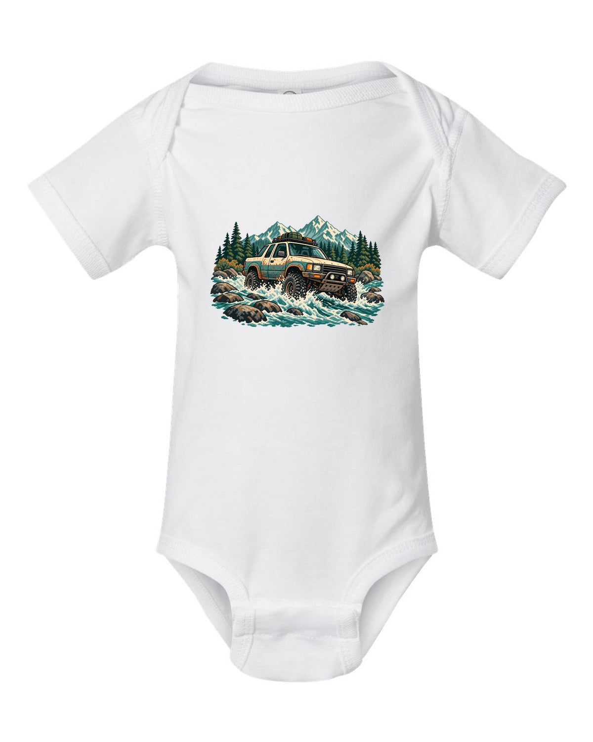 16-bit pixel art of a 2021 Ford F-150 Raptor Gen 3 P702 crossing a river with 5-LINK REAR lettering white baby onesie front view with the design