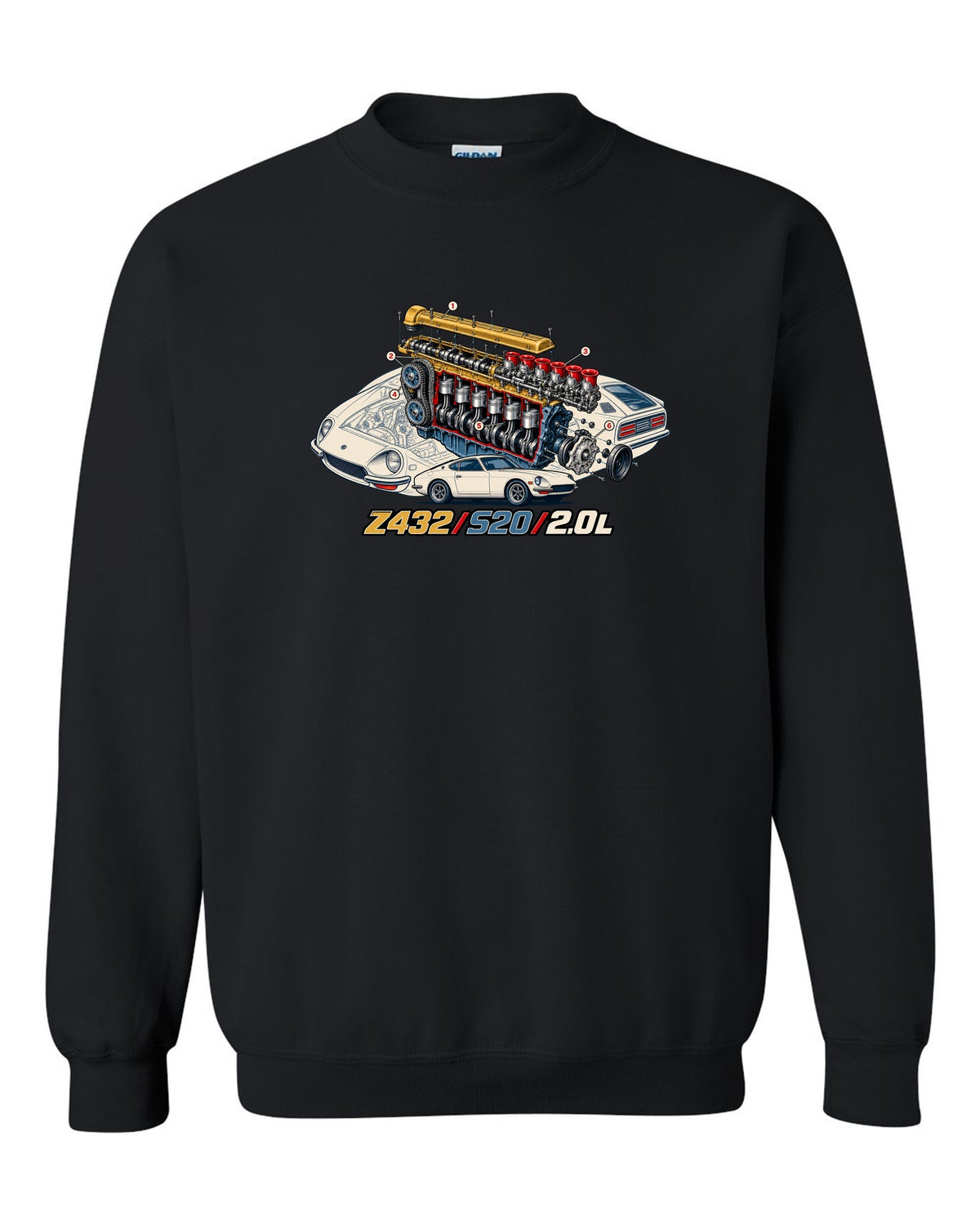 Exploded cutaway engine print for the Z432 with S20 2.0L lettering black crewneck front view with the design