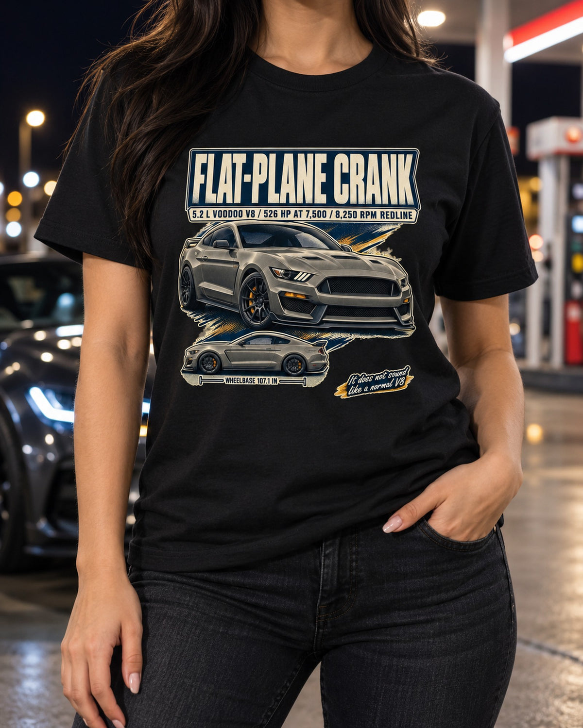 Shelby GT350 S550 Flat-Plane Crank Editorial Car Shirt T-Shirt Black worn hero