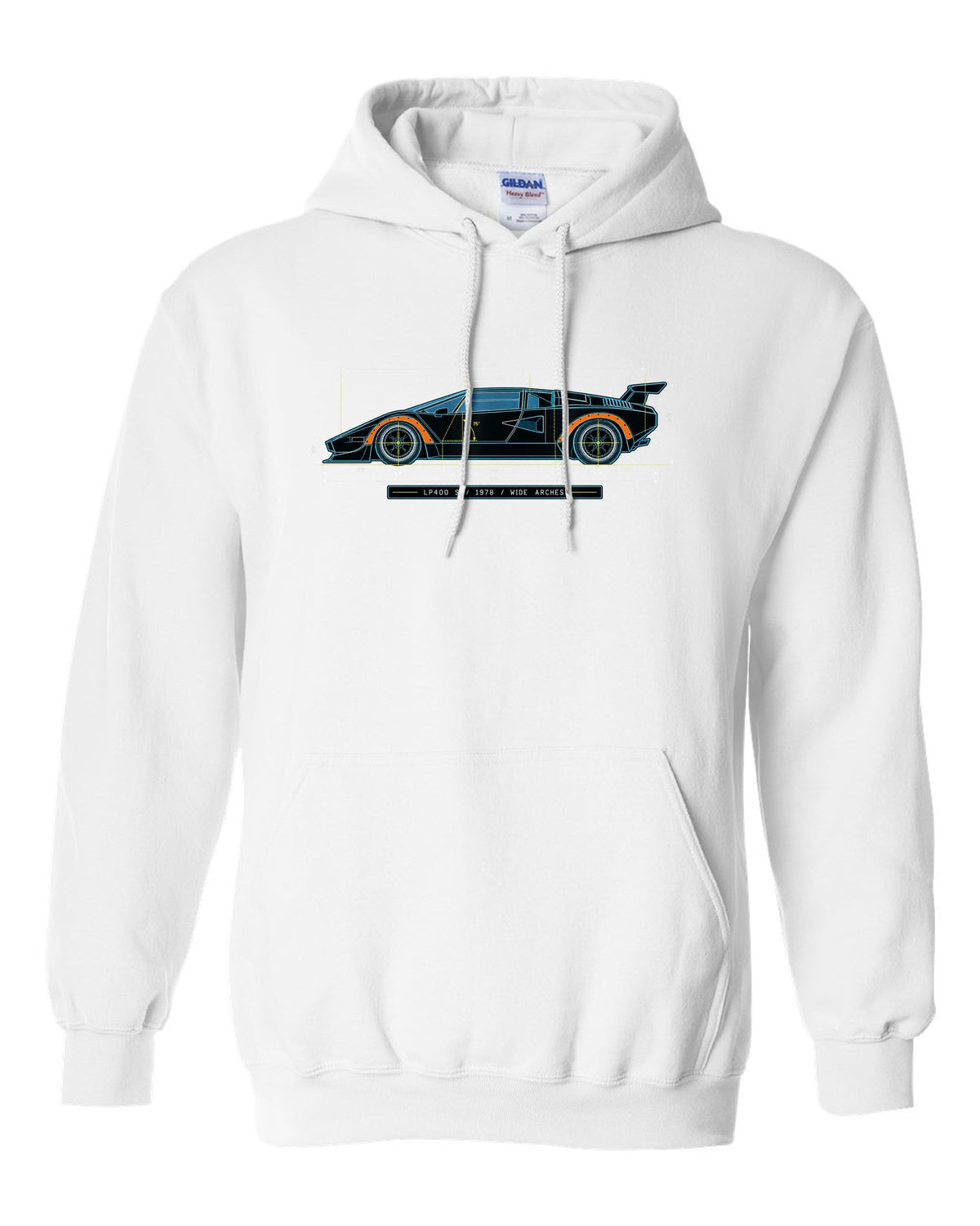 Blueprint patent line art of a Lamborghini Countach LP400 S 1978 with wide arches text white pull over hoodie front view with the design
