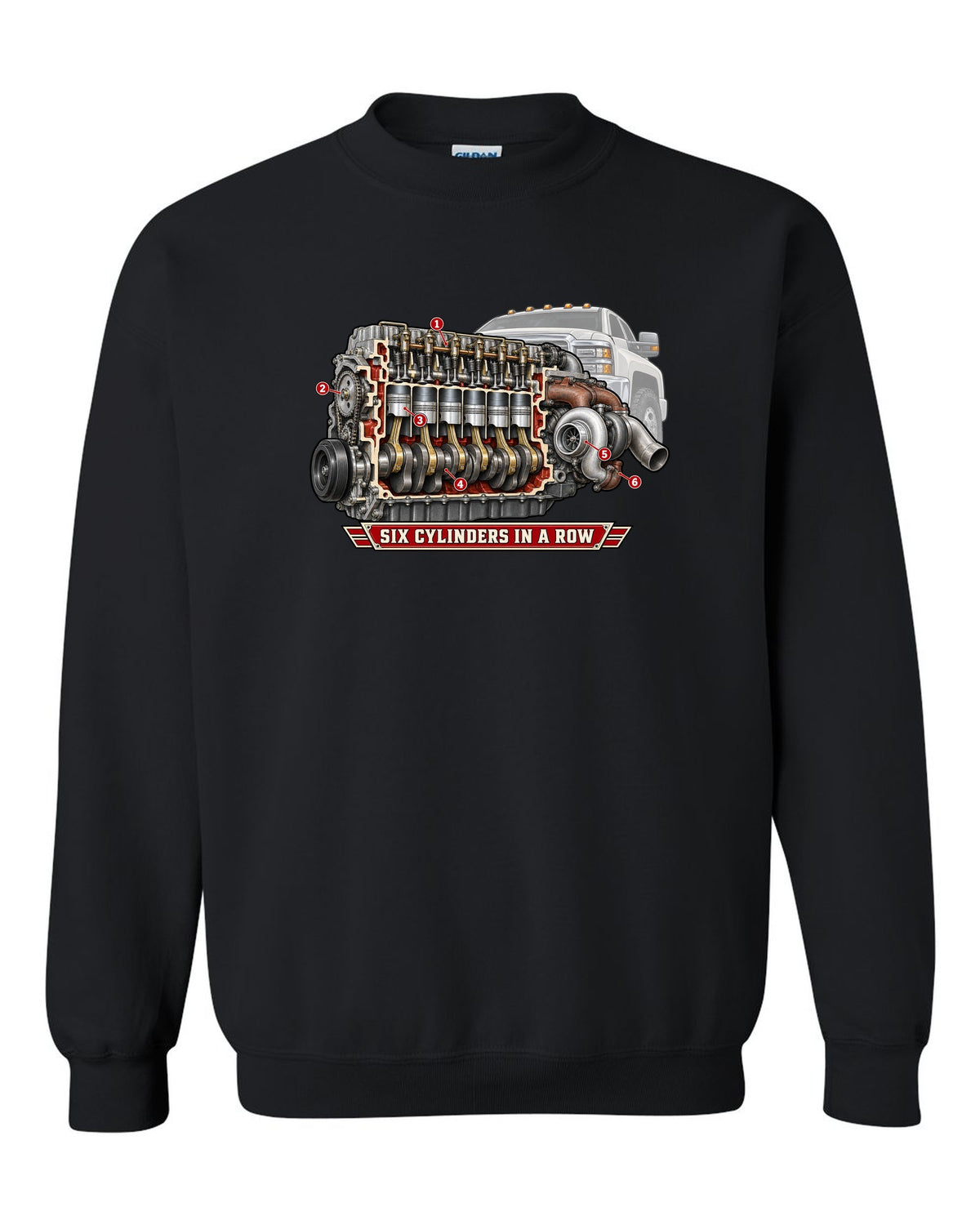 Cutaway diagram print of an inline-six diesel engine from a Dodge Ram 2nd gen with six cylinders in a row text black crewneck front view with the design