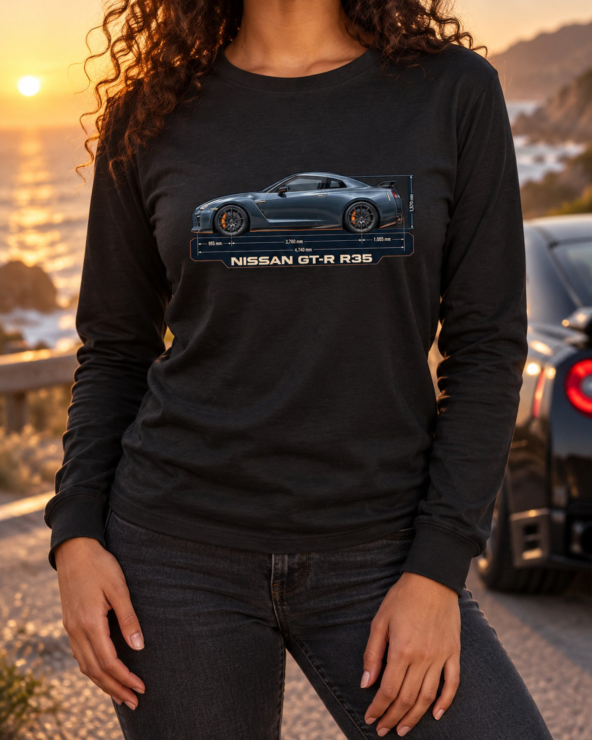 Nissan Z RZ34 Performance Dimension Blueprint Shirt, 2023 Z Tee Long Sleeve Black worn hero