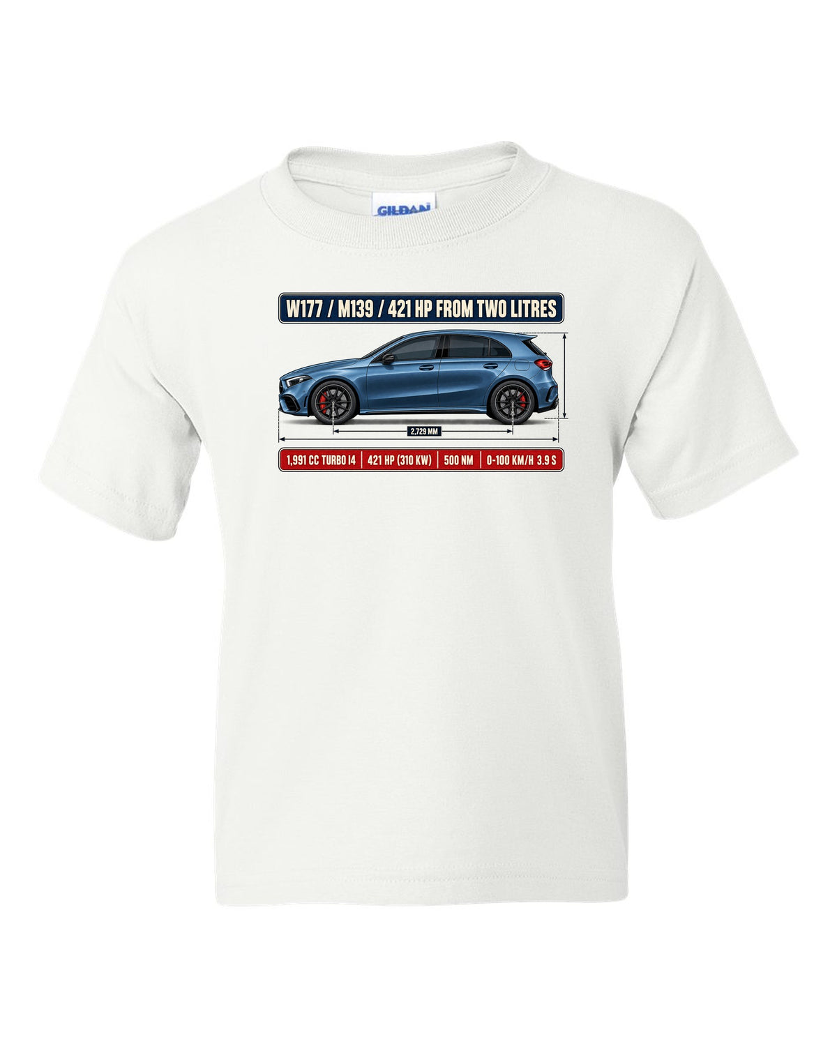 Mercedes-AMG A45 S W177 chback dimension blueprint print white kids tee front view with the design