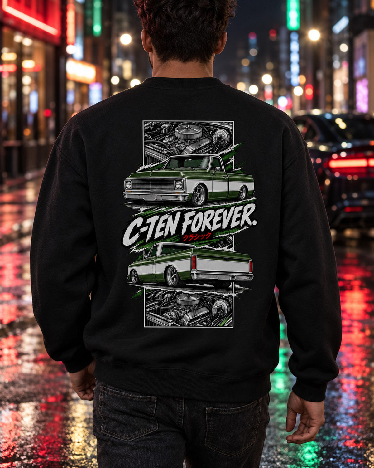 Chevy C10 1972 Torn Poster Full-Back Graphic Tee Crewneck Black worn hero