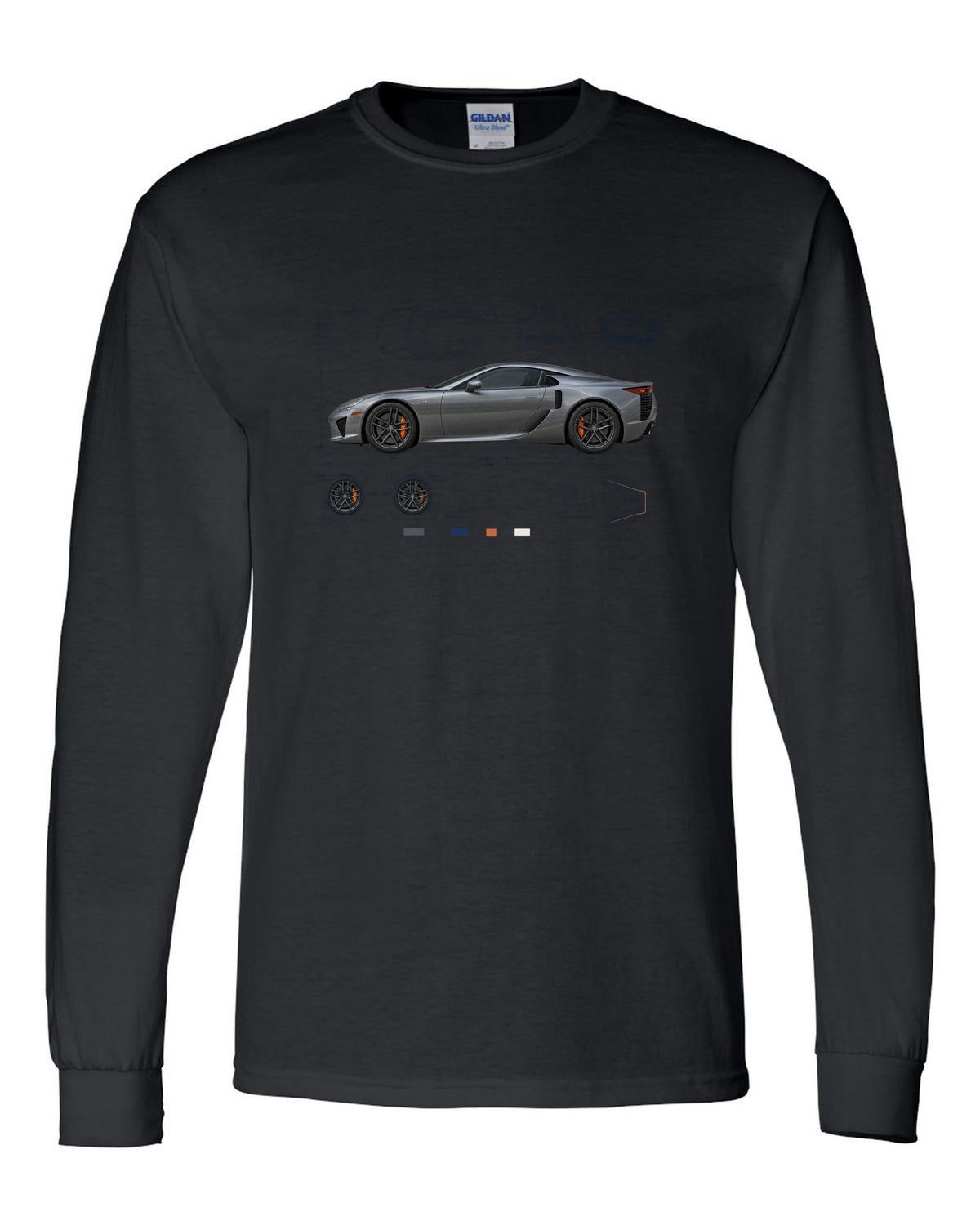 Blueprint style print of the Lexus LFA LFA10 with V10 spec lines black long sleeve front view with the design