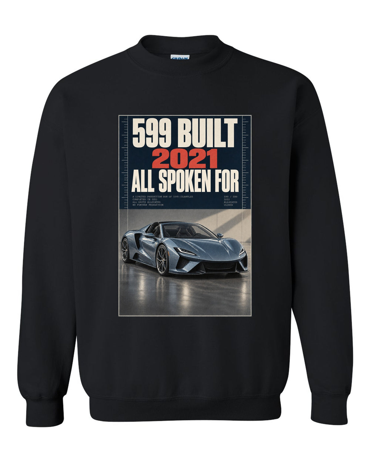 Halftone print of the Ferrari Daytona SP3 on a tee black crewneck front view with the design