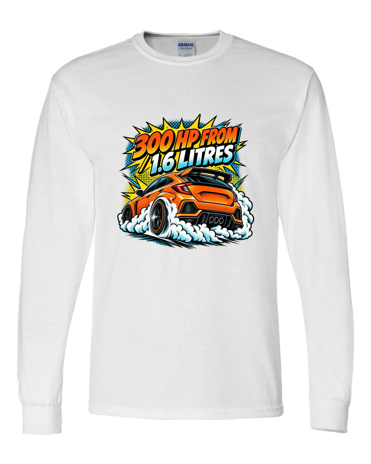 Comic halftone pop-art of a Toyota GR Corolla doing a burnout with 300 HP from 1.6 litres lettering white long sleeve front view with the design