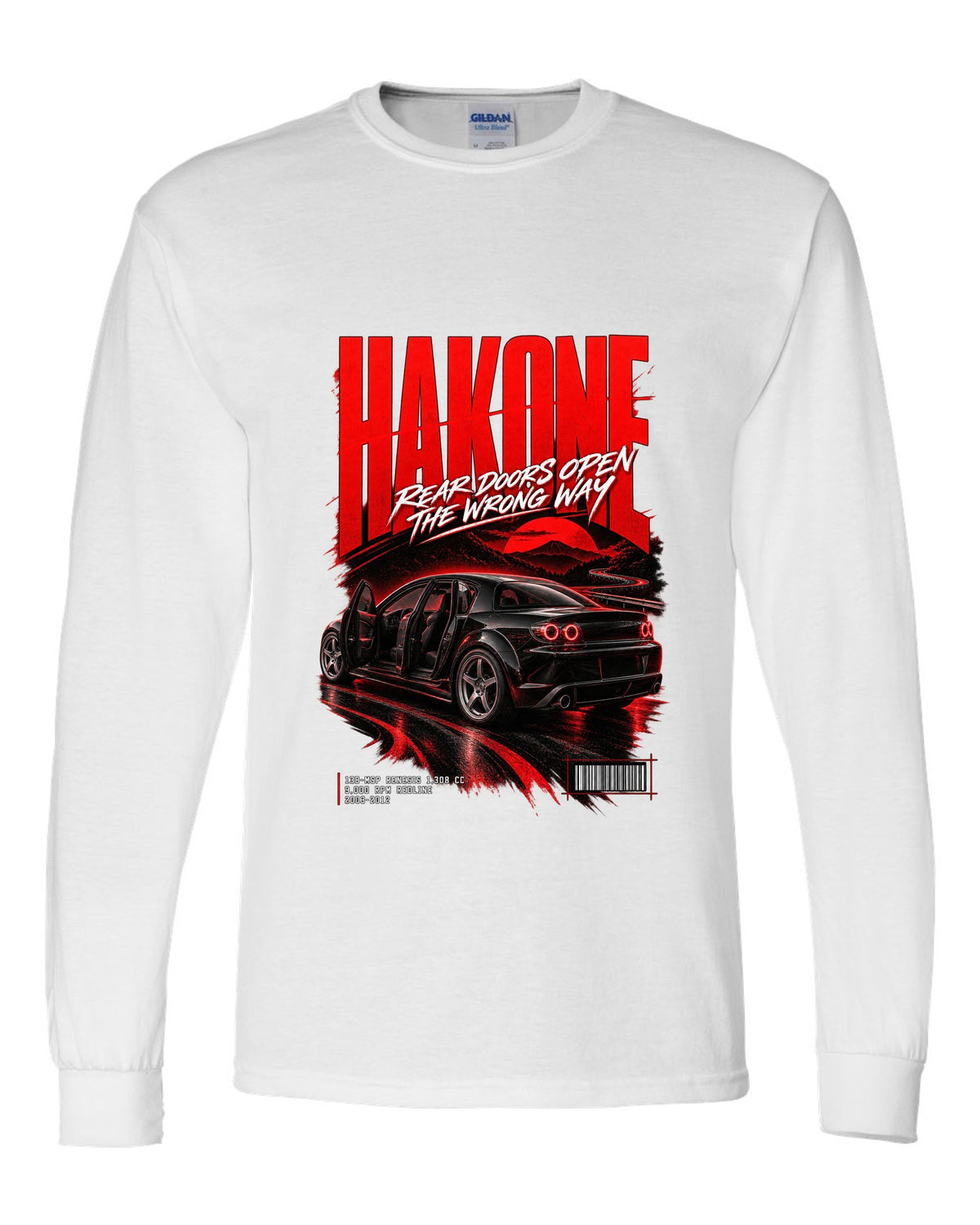 Street poster print for the 2004 Mazda RX-8 SE3P with Hakone lettering and Renesis rotary details white long sleeve front view with the design