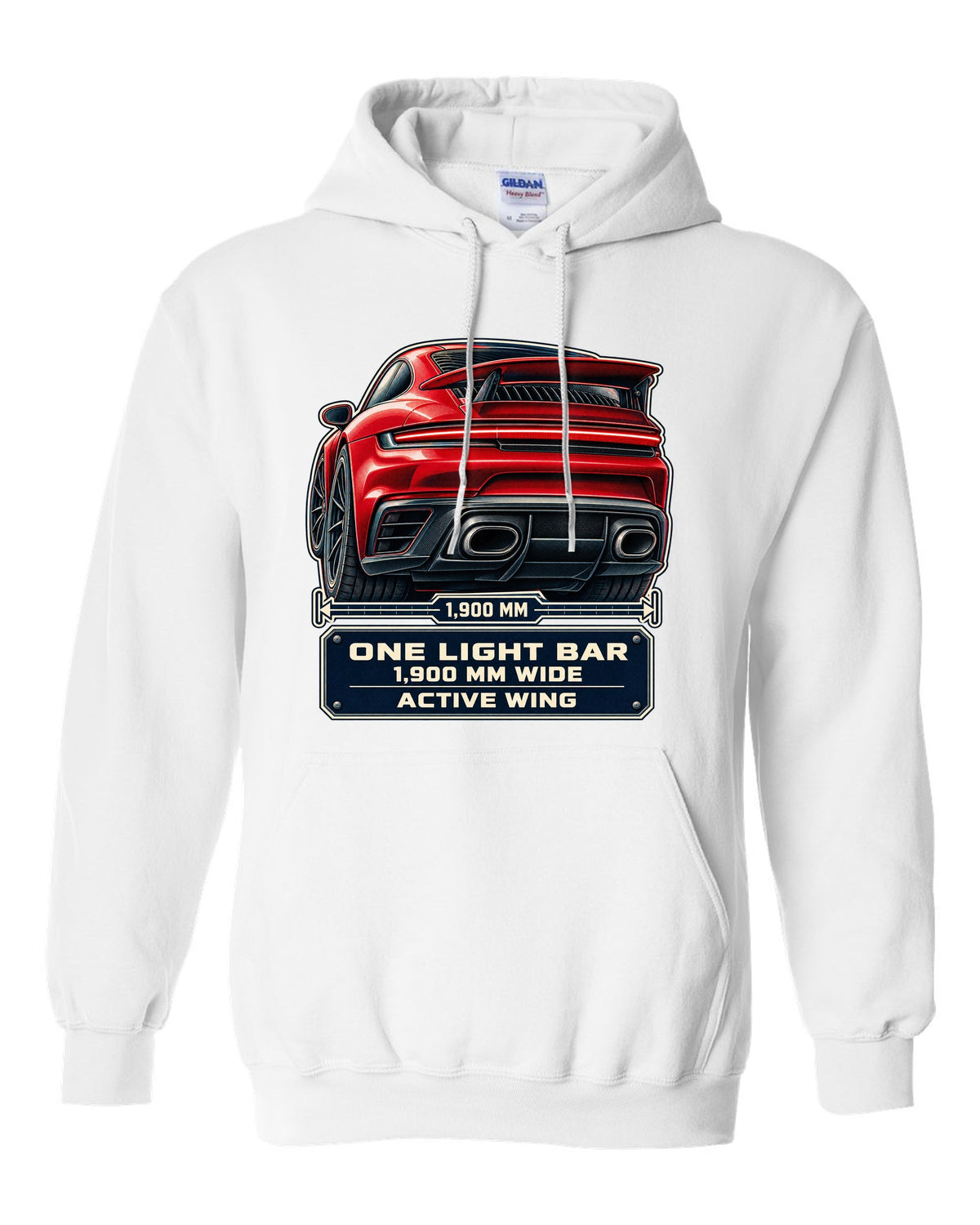 Taillight macro print of a Porsche 992 Turbo S with light bar and wing white pull over hoodie front view with the design