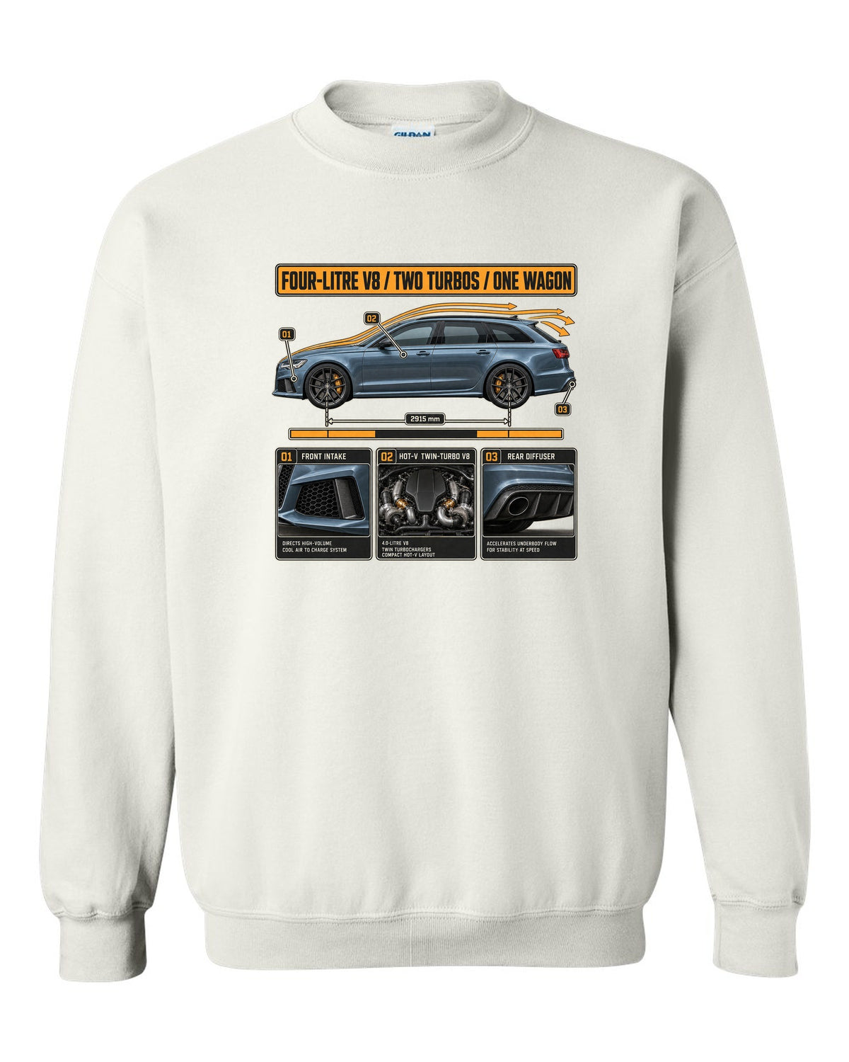 Audi RS6 Avant C7 steel blue aero cutaway callouts print white crewneck front view with the design
