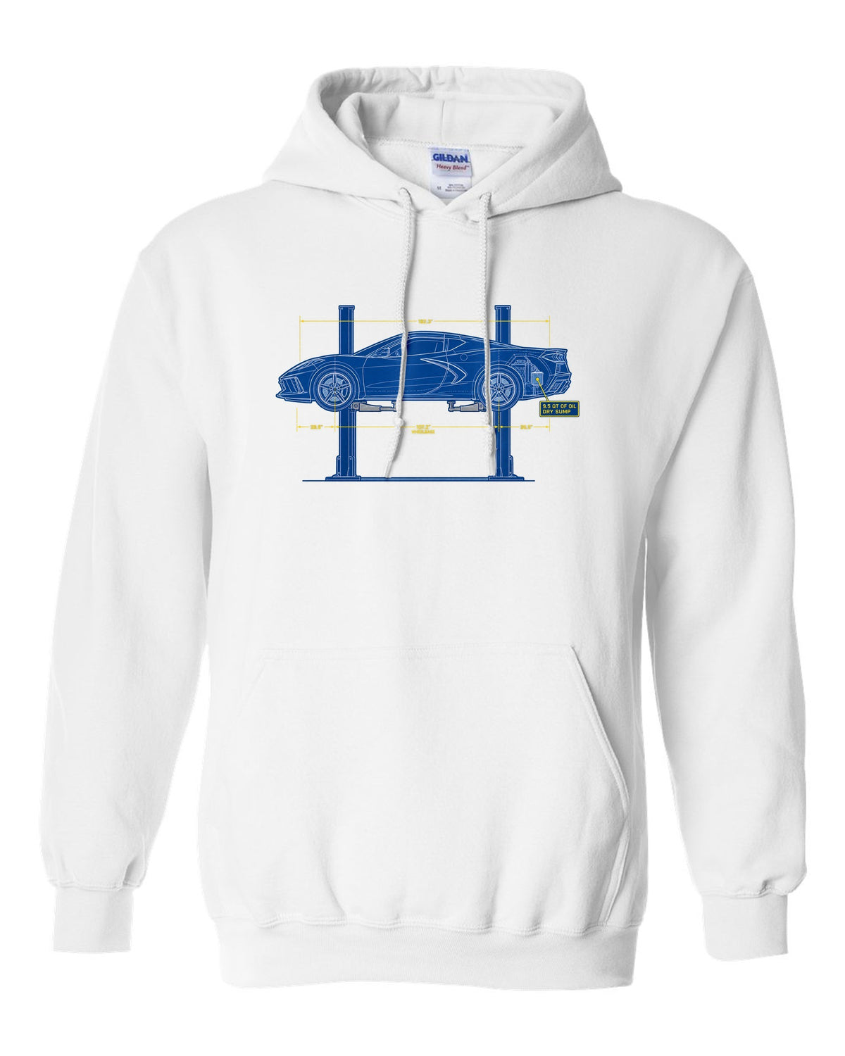 Retro manga halftone panel of a 2023 Chevrolet Corvette C8 Z06 with dry sump oil lettering white pull over hoodie front view with the design