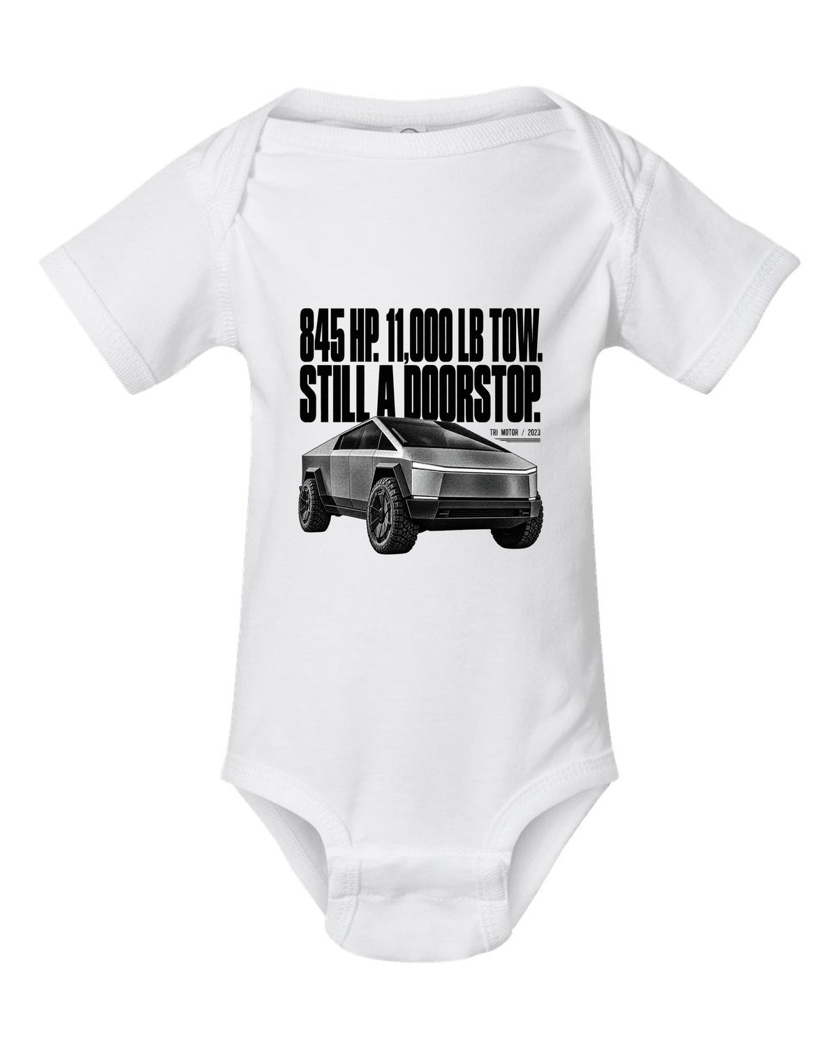Halftone Tesla Cybertruck Cyberbeast front three-quarter with 845 HP and 11,000 lb tow text white baby onesie front view with the design
