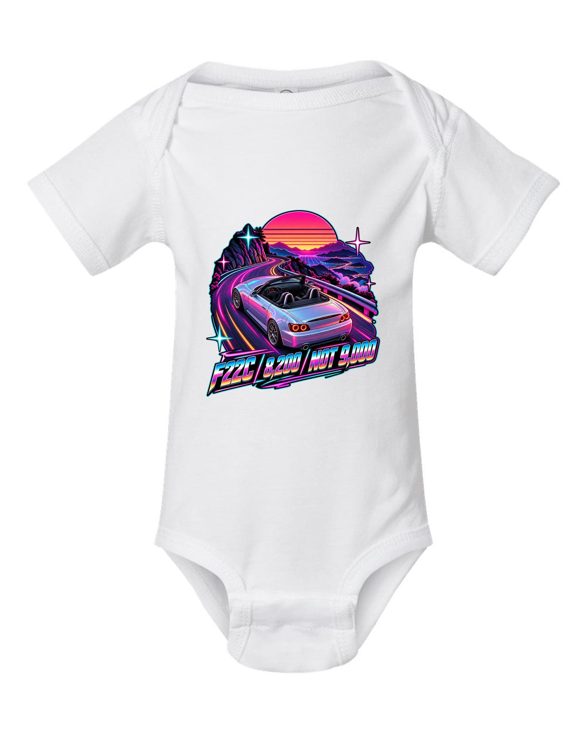 Neon synthwave print of a 2004 Honda S2000 AP2 roadster with F22C 8,200 Not 9,000 lettering white baby onesie front view with the design