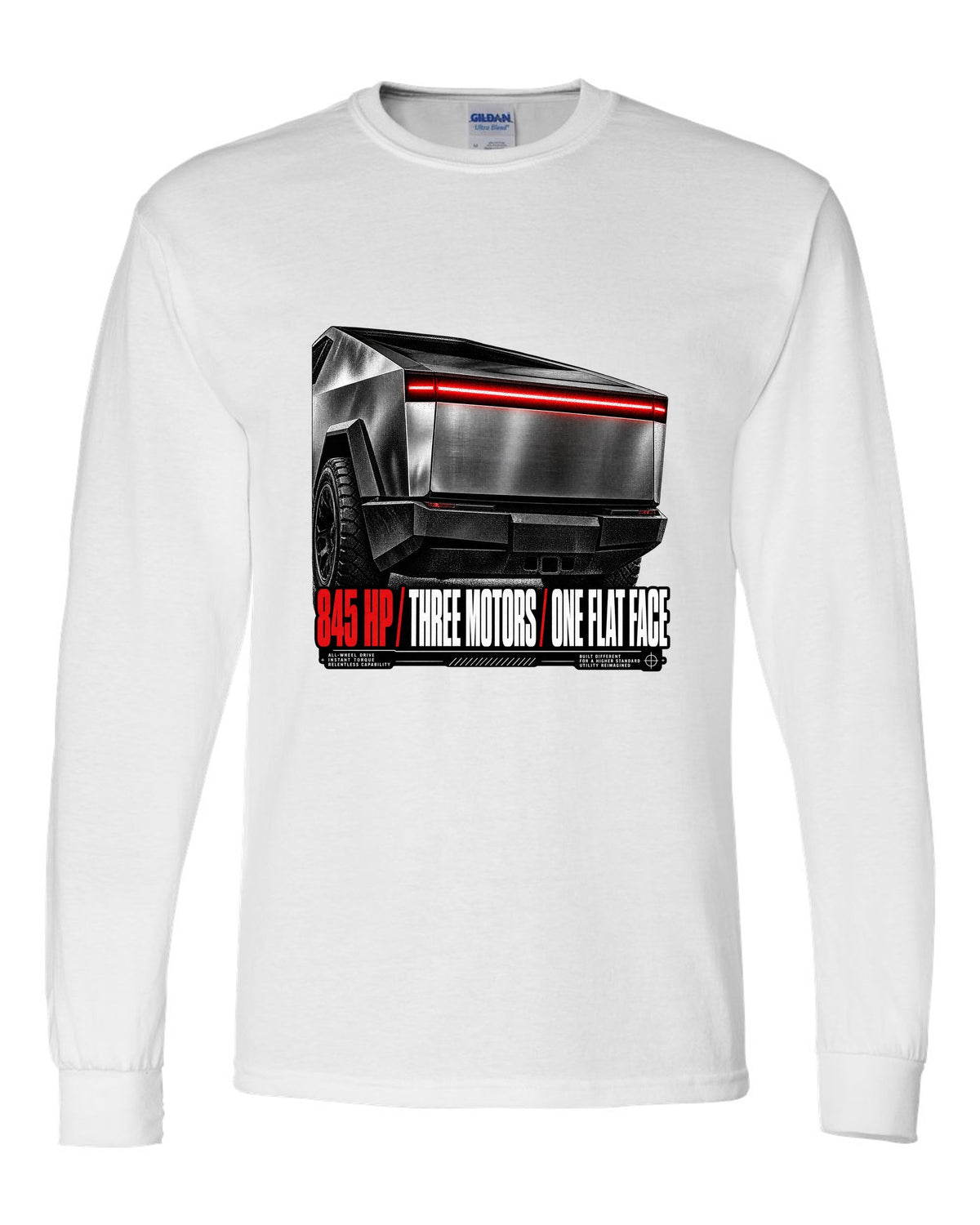 Macro of the Tesla Cybertruck Cyberbeast 2024 light bar with 845 HP and three motors text white long sleeve front view with the design