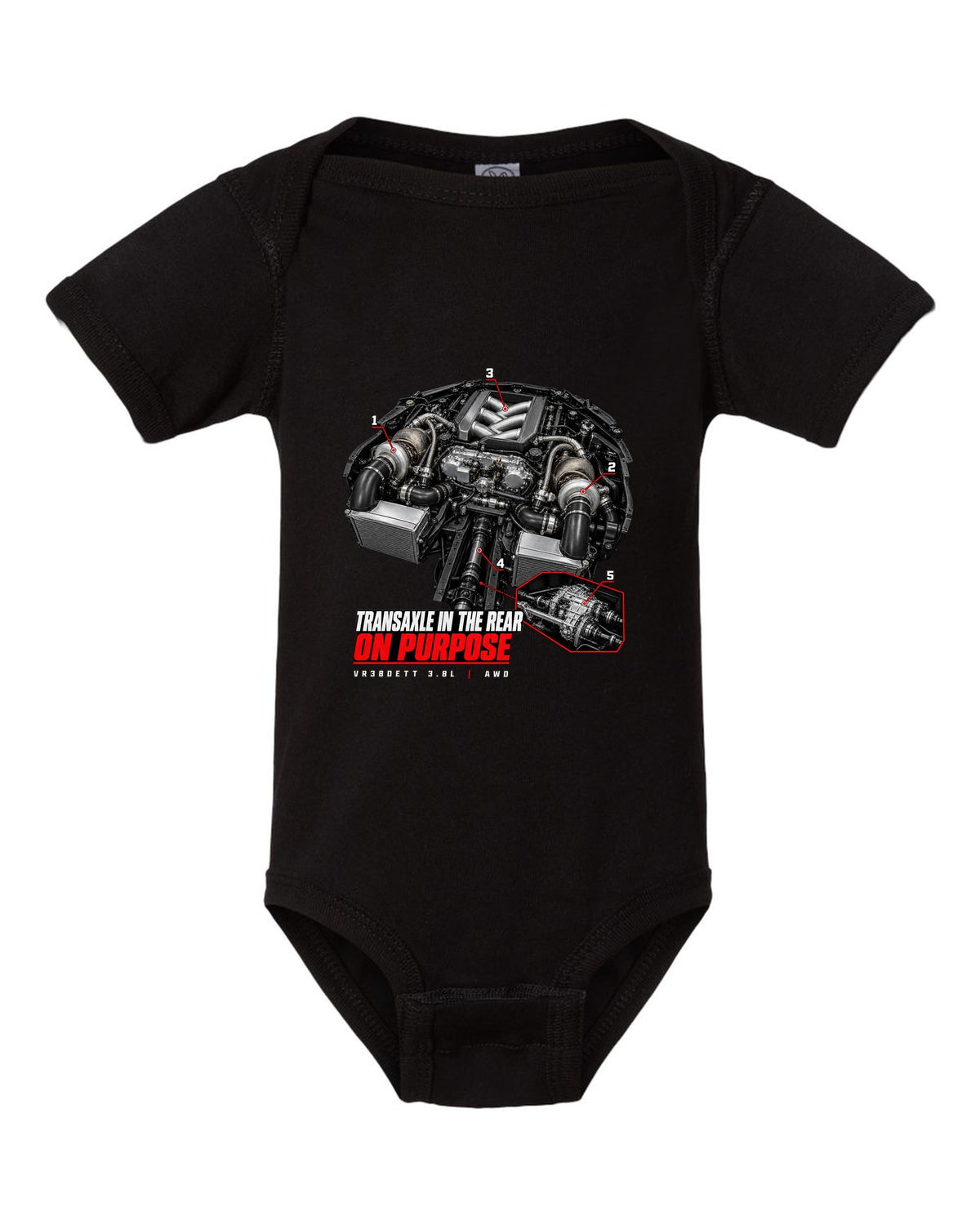 Engine hero diagram of a Nissan GT-R R35 with callout lines pointing to the rear transaxle black baby onesie front view with the design