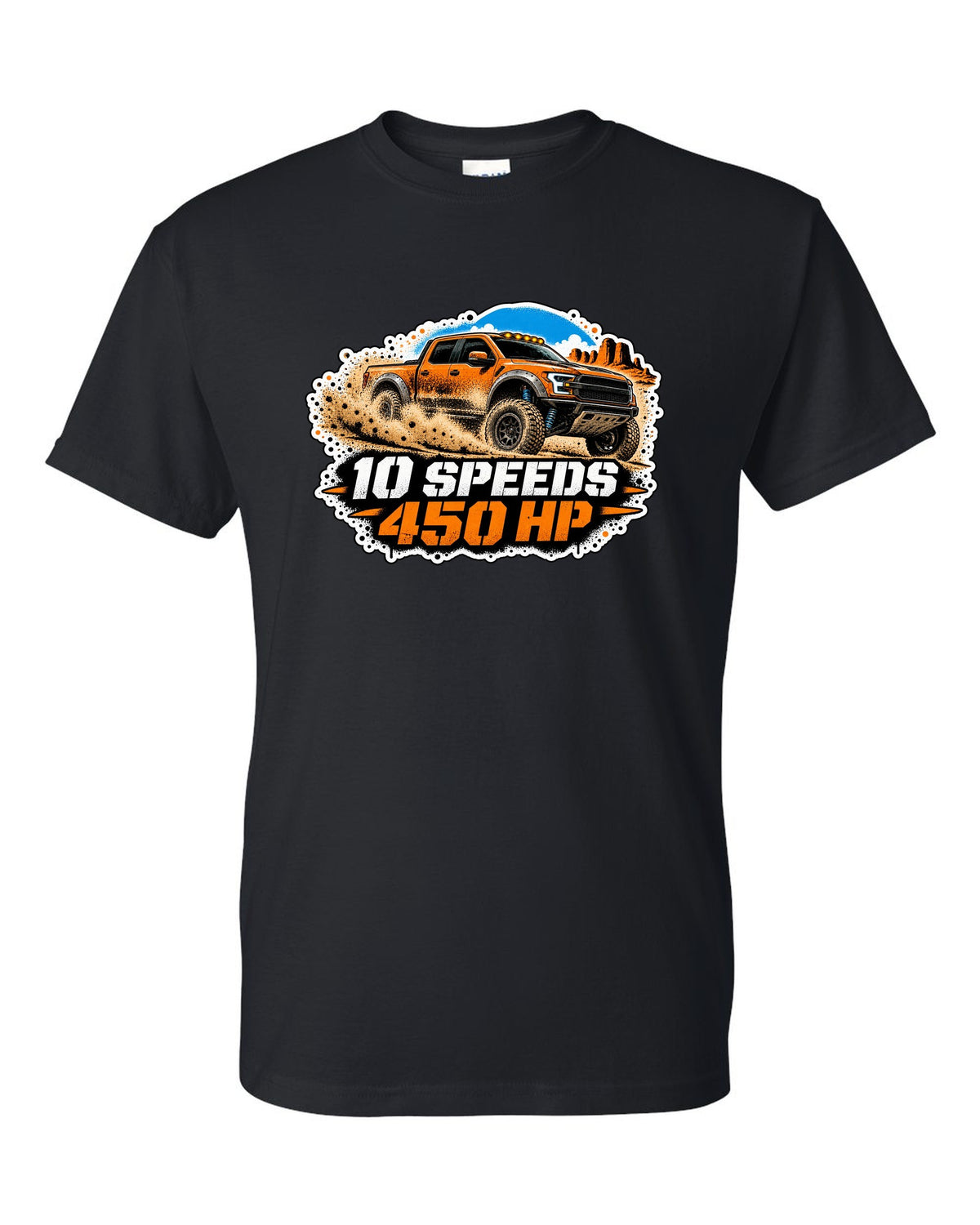 Spray stencil street art print of a 2017-20 Ford F-150 Raptor Gen 2 P552 in desert dust black t-shirt front view with the design